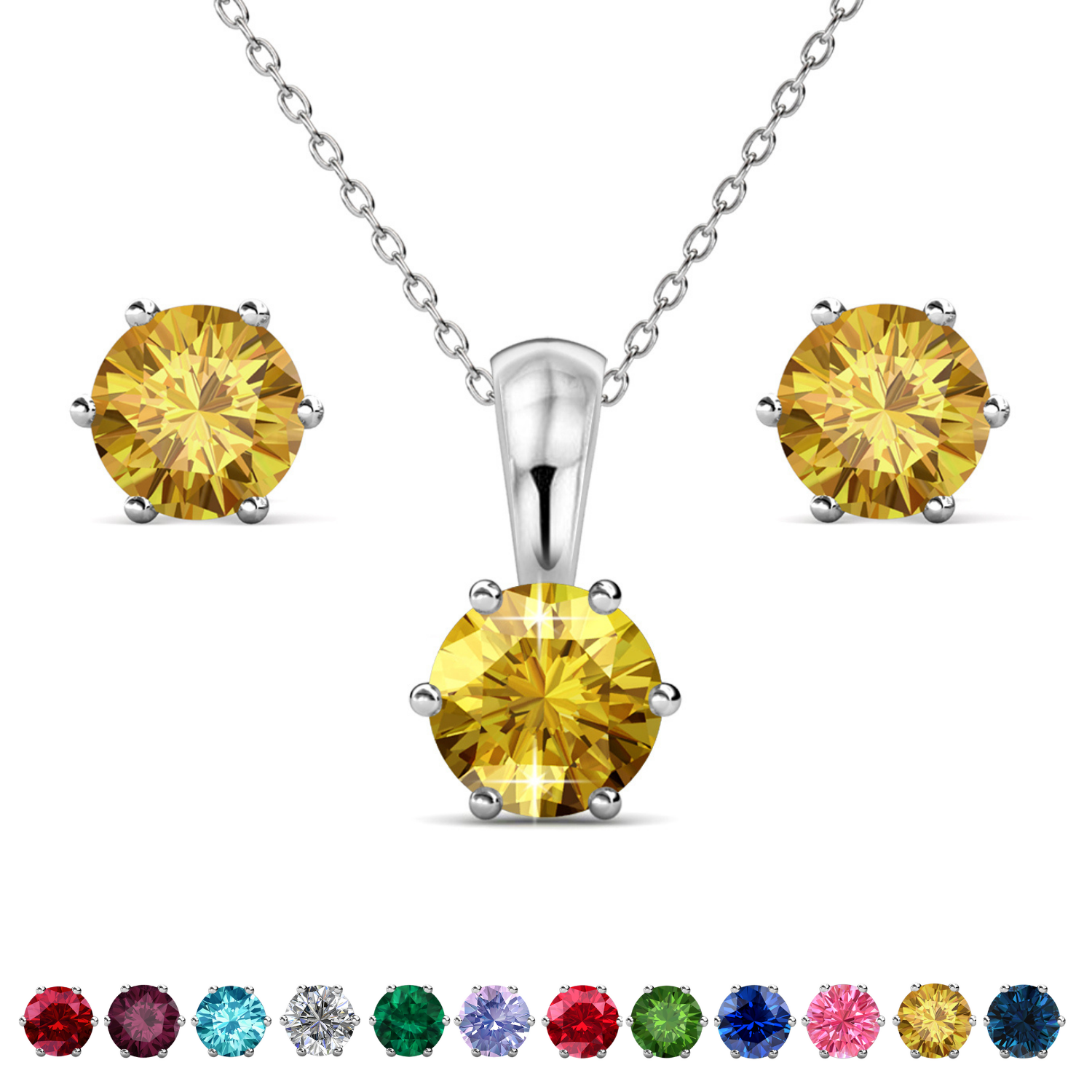 Birthstone 18k White Gold Plated Stud Earrings and Necklace Set with 1CT Swarovski Crystals