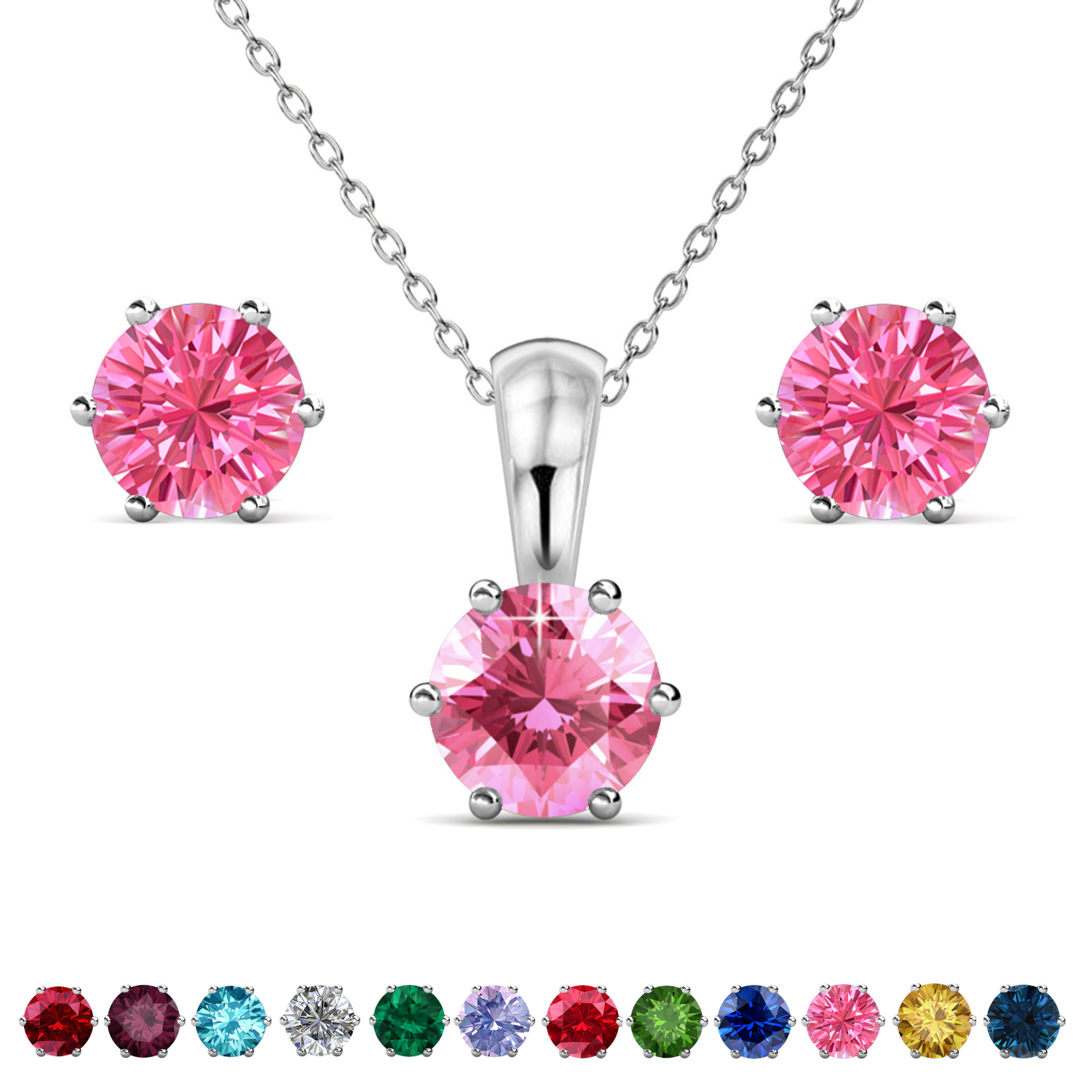 Birthstone 18k White Gold Plated Stud Earrings and Necklace Set with 1CT Swarovski Crystals