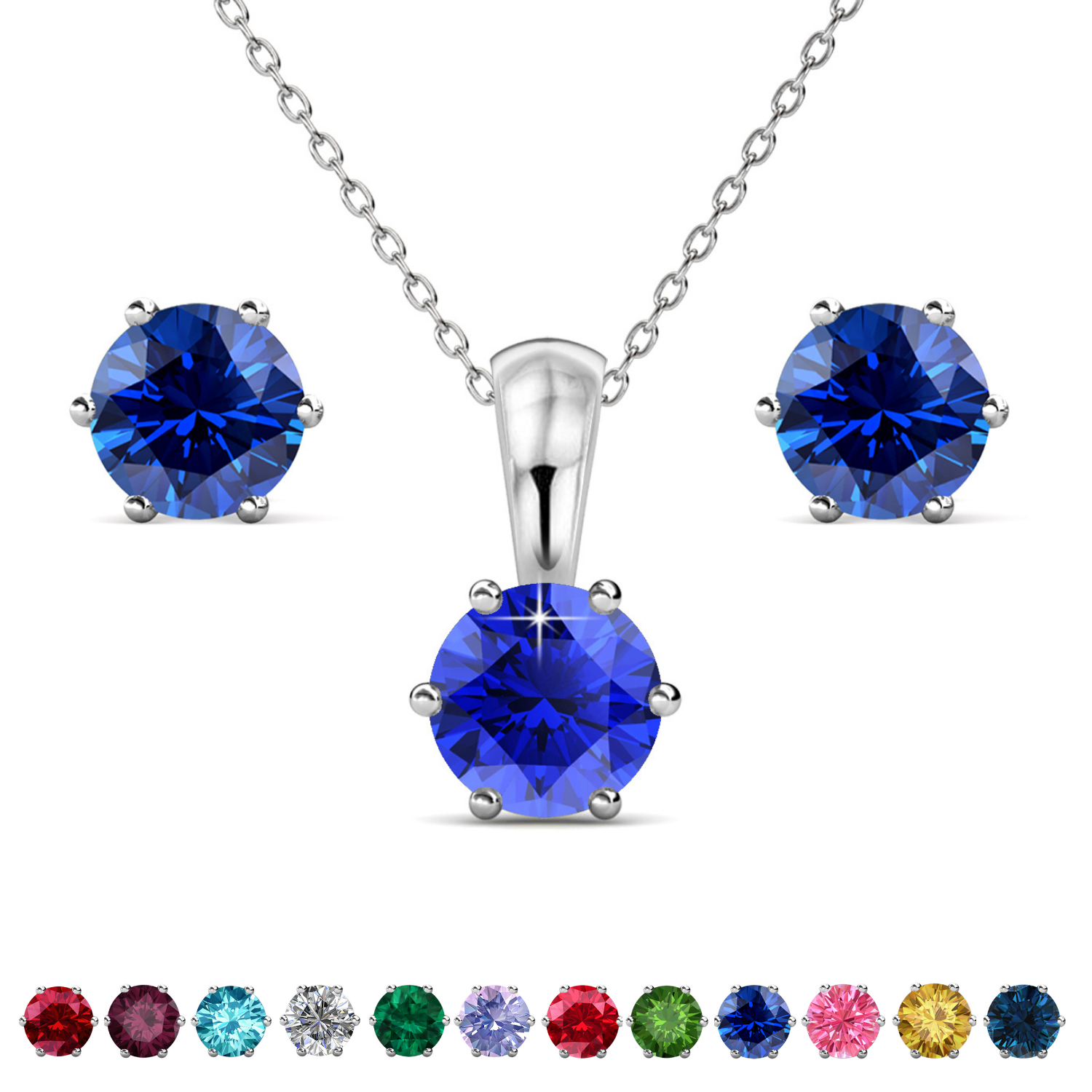 Birthstone 18k White Gold Plated Stud Earrings and Necklace Set with 1CT Swarovski Crystals