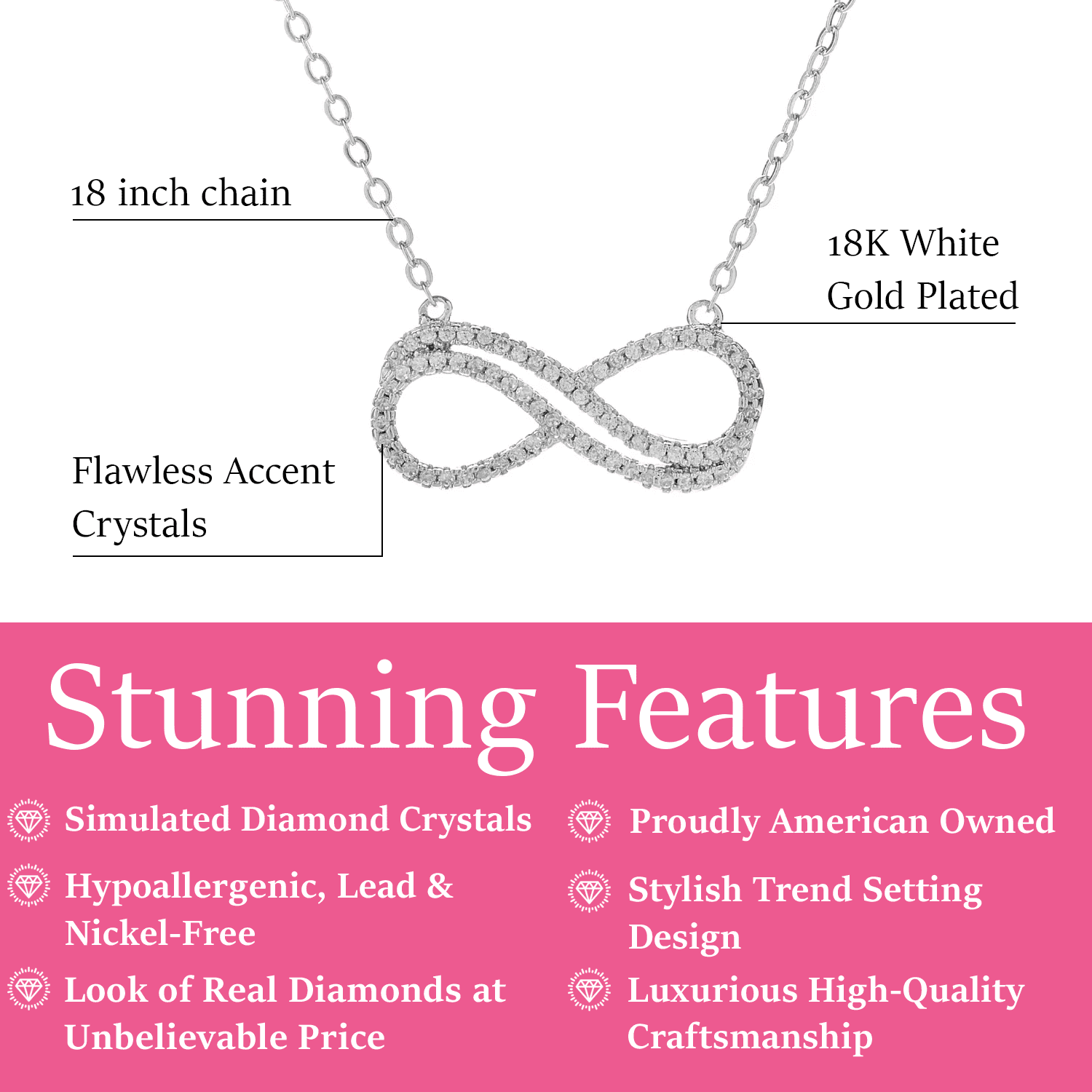 Tansy 18k White Gold Infinity Pendant Necklace with Simulated Diamond Crystals