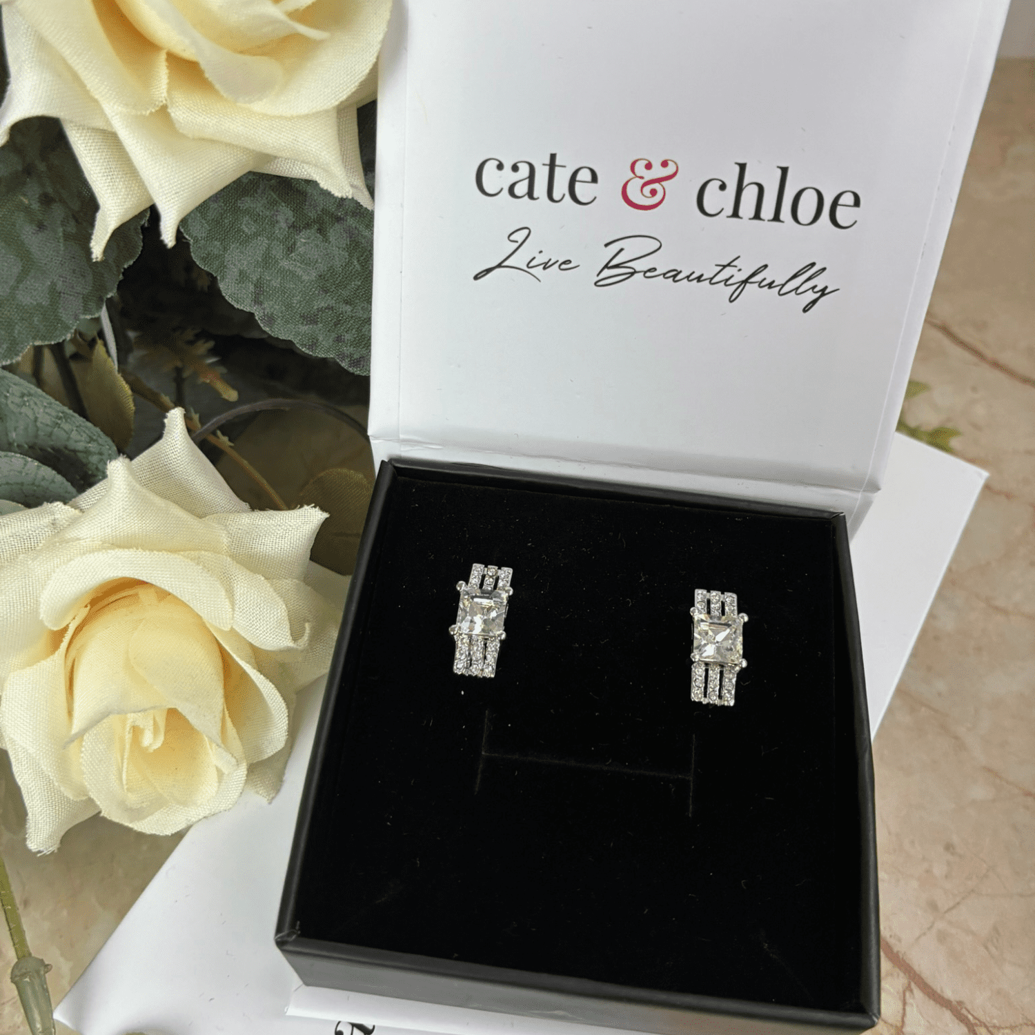 Fiona 18k White Gold Stud Plated Earrings with Princess Cut Swarovski Crystals