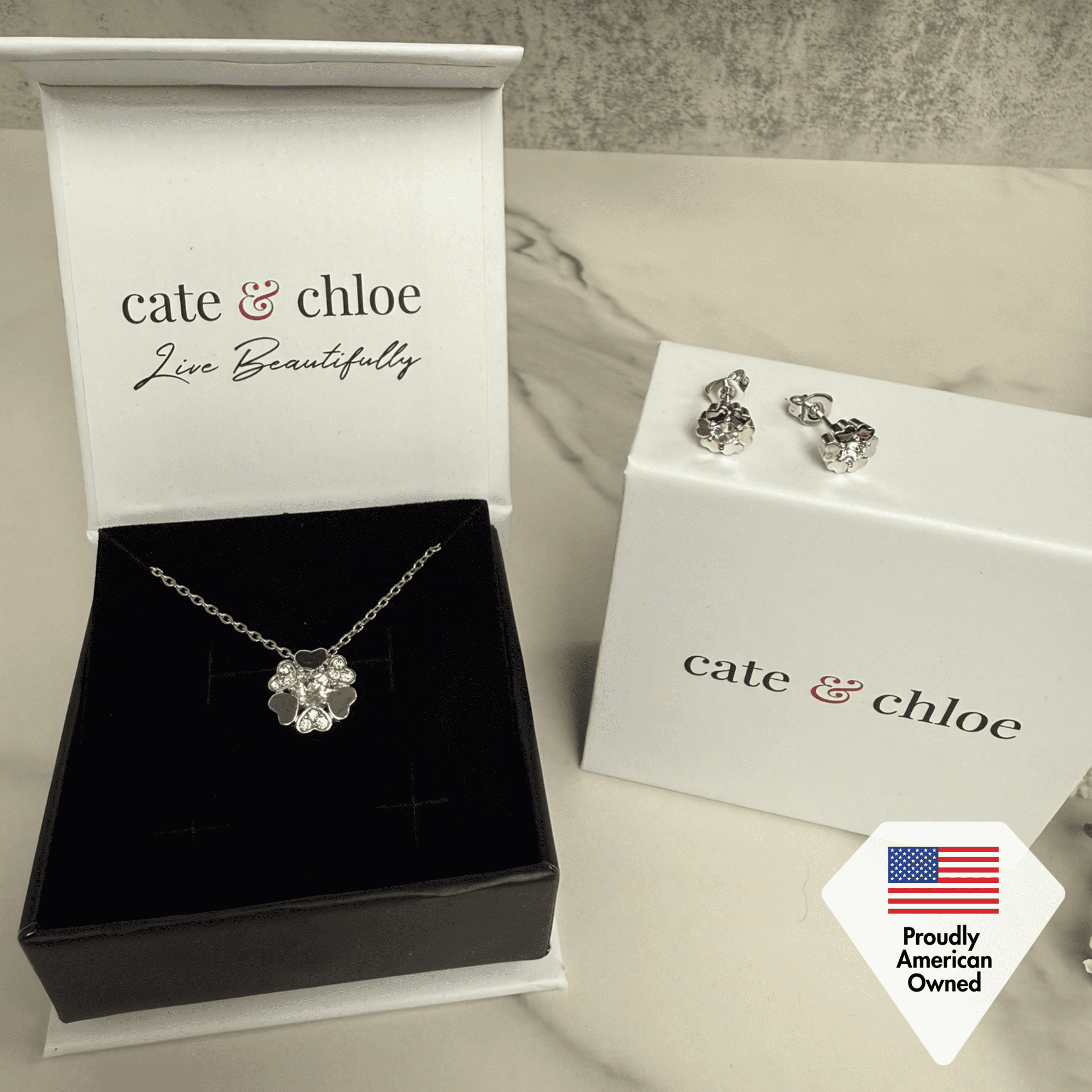 Khloe 18k White Gold Heart Necklace and Stud Earrings Jewelry Set with Crystals