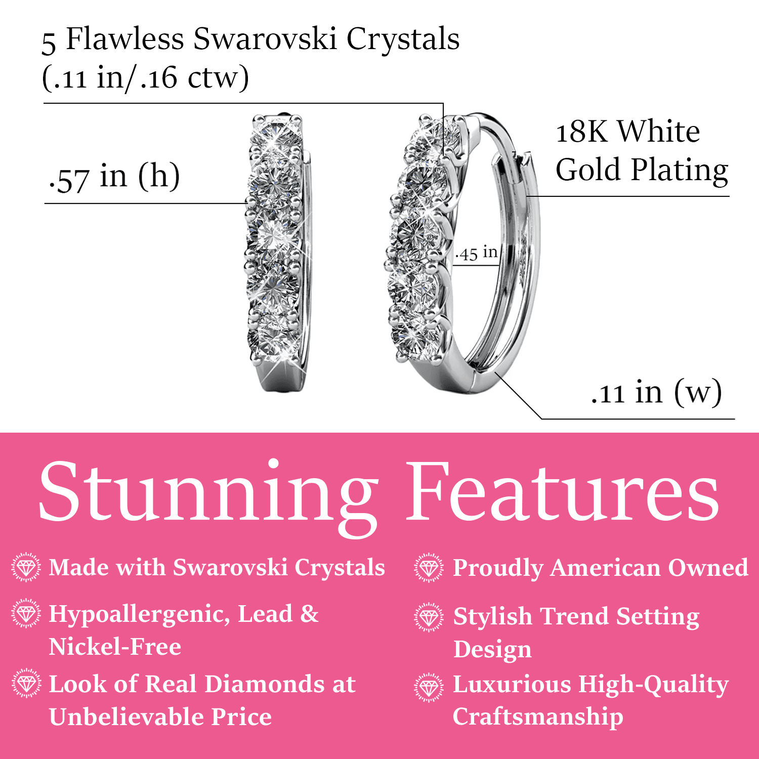 Bethany 18k White Gold Plated Hoop Crystal Earrings with Swarovski Crystals for Women