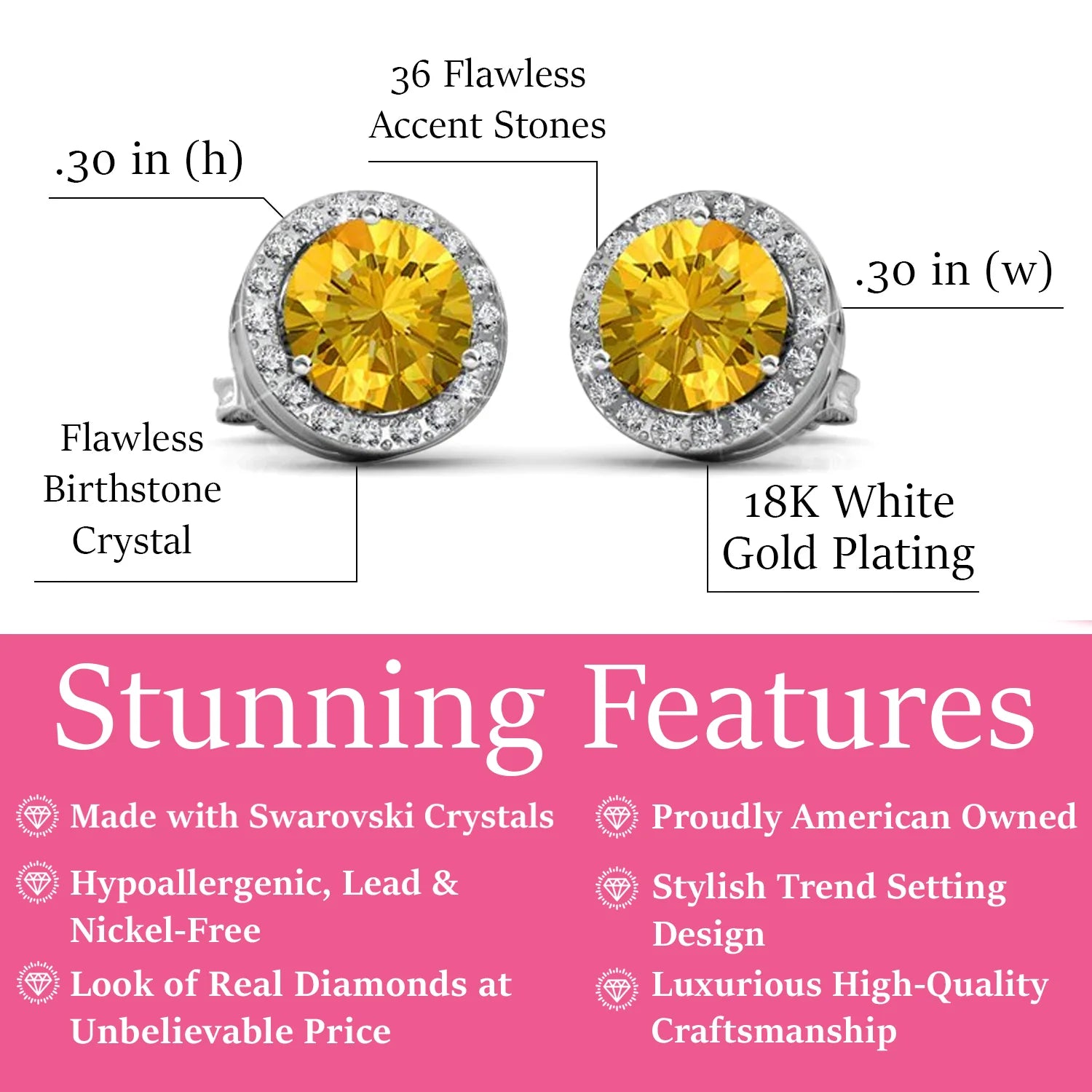 Royal 18k White Gold Plated November Birthstone Halo Earrings with Round Cut Citrine Swarovski Crystals