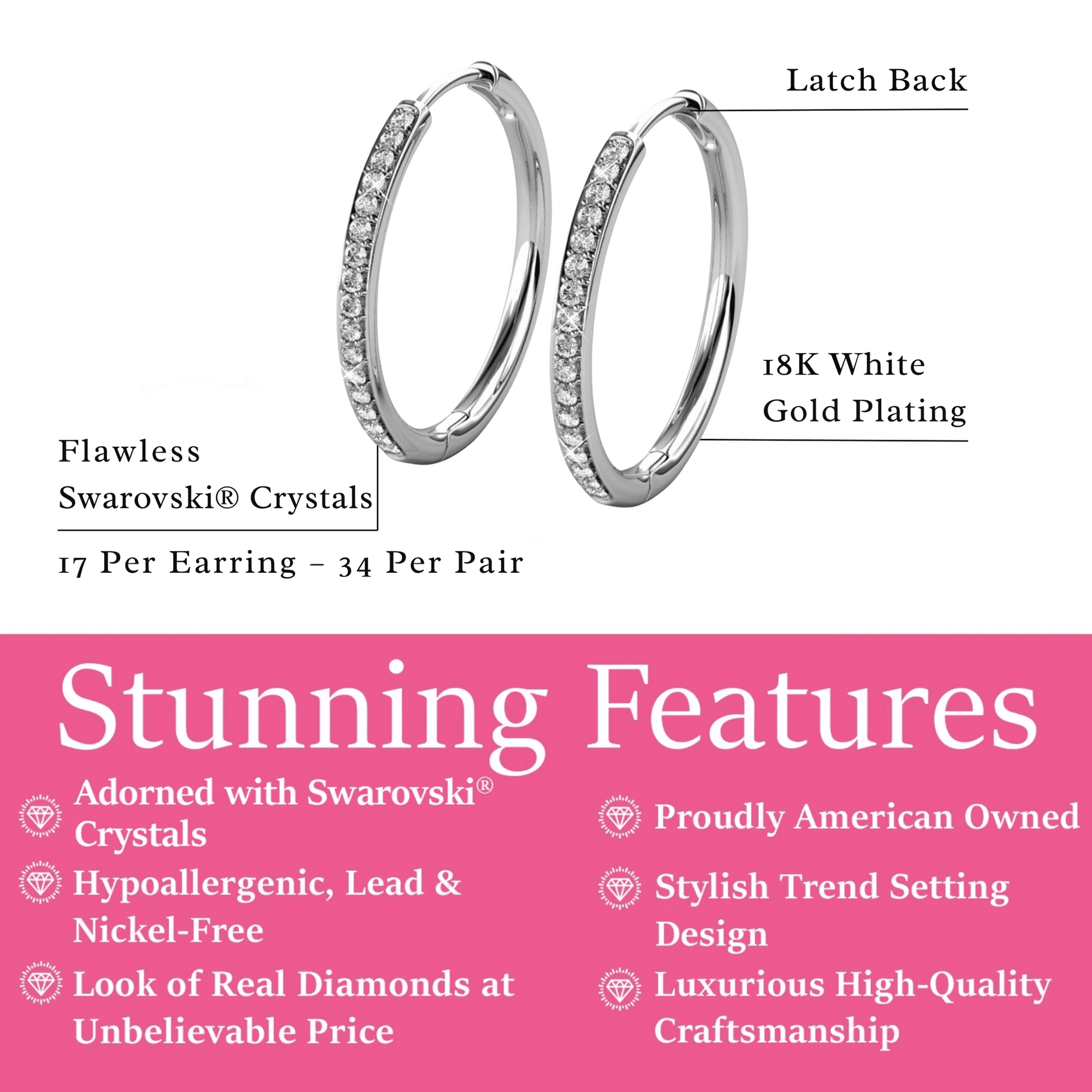 Bianca 18k Gold Plated 25mm Hoop Earrings with Swarovski Crystals, Pack of 3