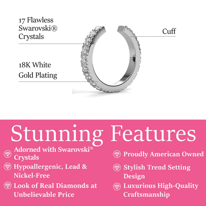 Gloria 18k White Gold Plated 10mm Hoop Ear Cuff with Swarovski Crystals