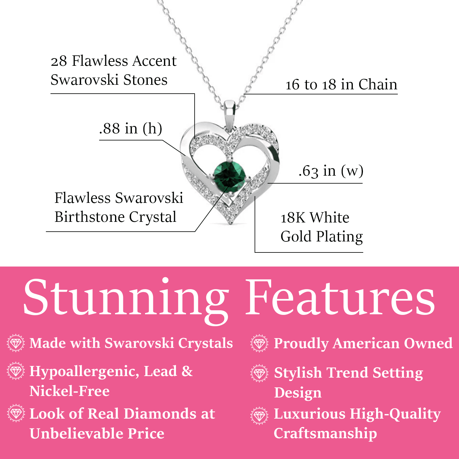 Forever May Birthstone 18k White Gold Plated Silver Double Heart Emerald Necklace with Swarovski Crystals