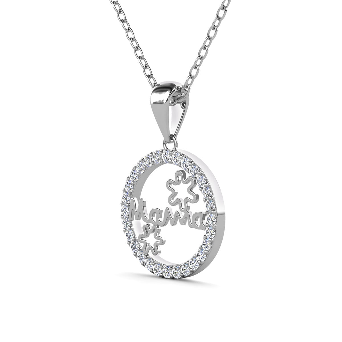 Willa 18k White Gold Plated Circle Mama Necklace with Swarovski Crystals & Heartfelt Message for Mom