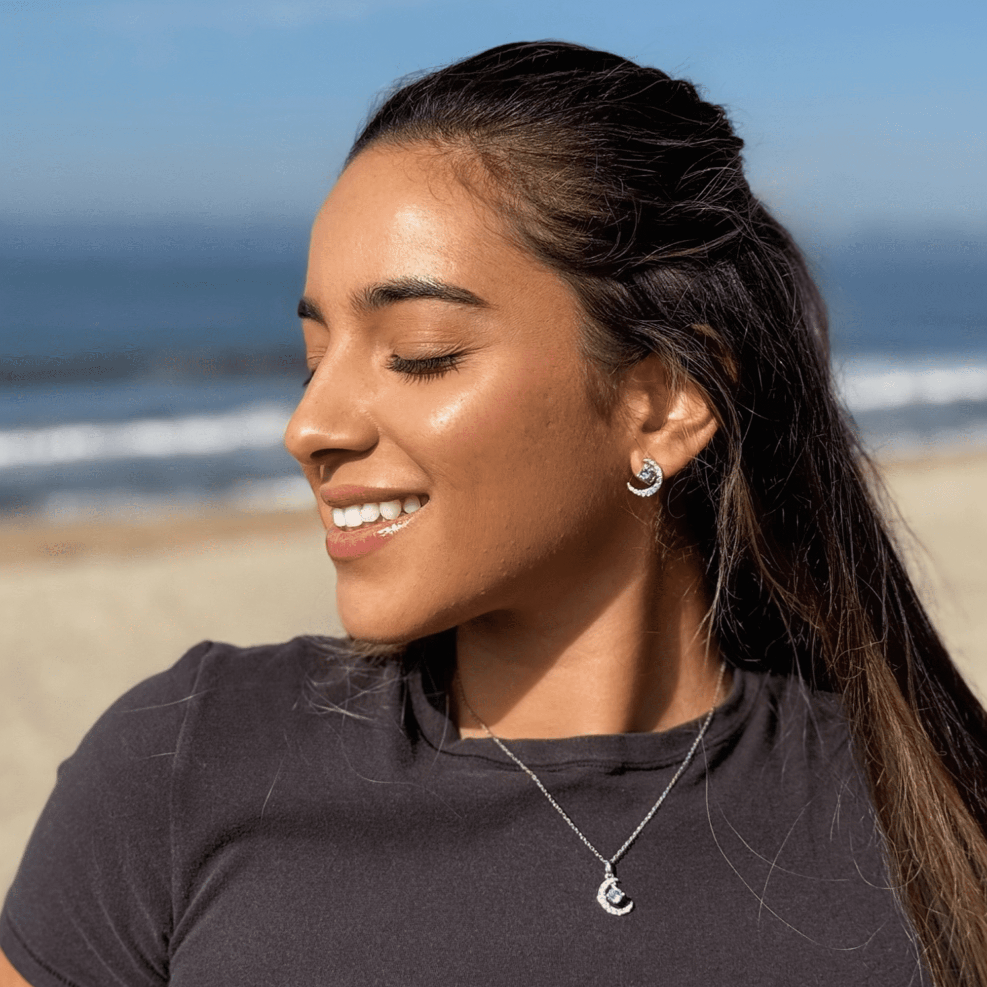 Luna Birthstone Necklace 18k White Gold Plated Crescent Pendant Necklace with Round Cut Swarovski Crystals