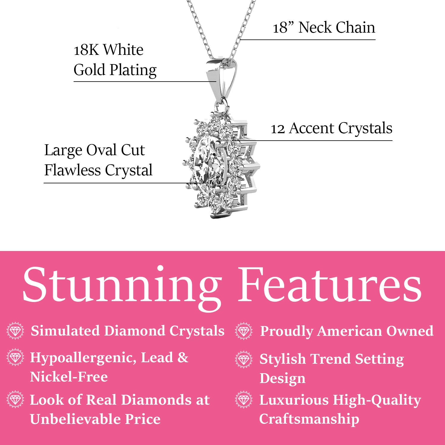 Sage 18k White Gold Plated Pendant Necklace with Oval Cut Simulated Diamond Crystals