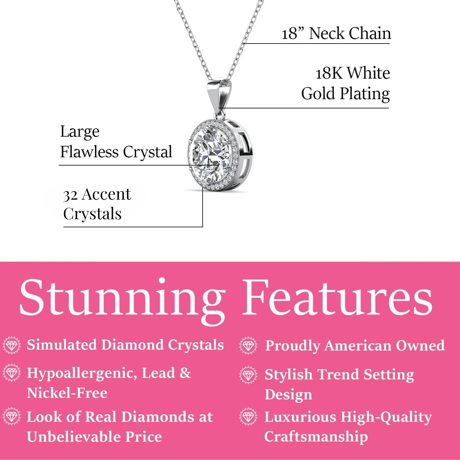 Mariah 18k White Gold Plated Halo Pendant Necklace with Round Cut Simulated Diamond Crystals