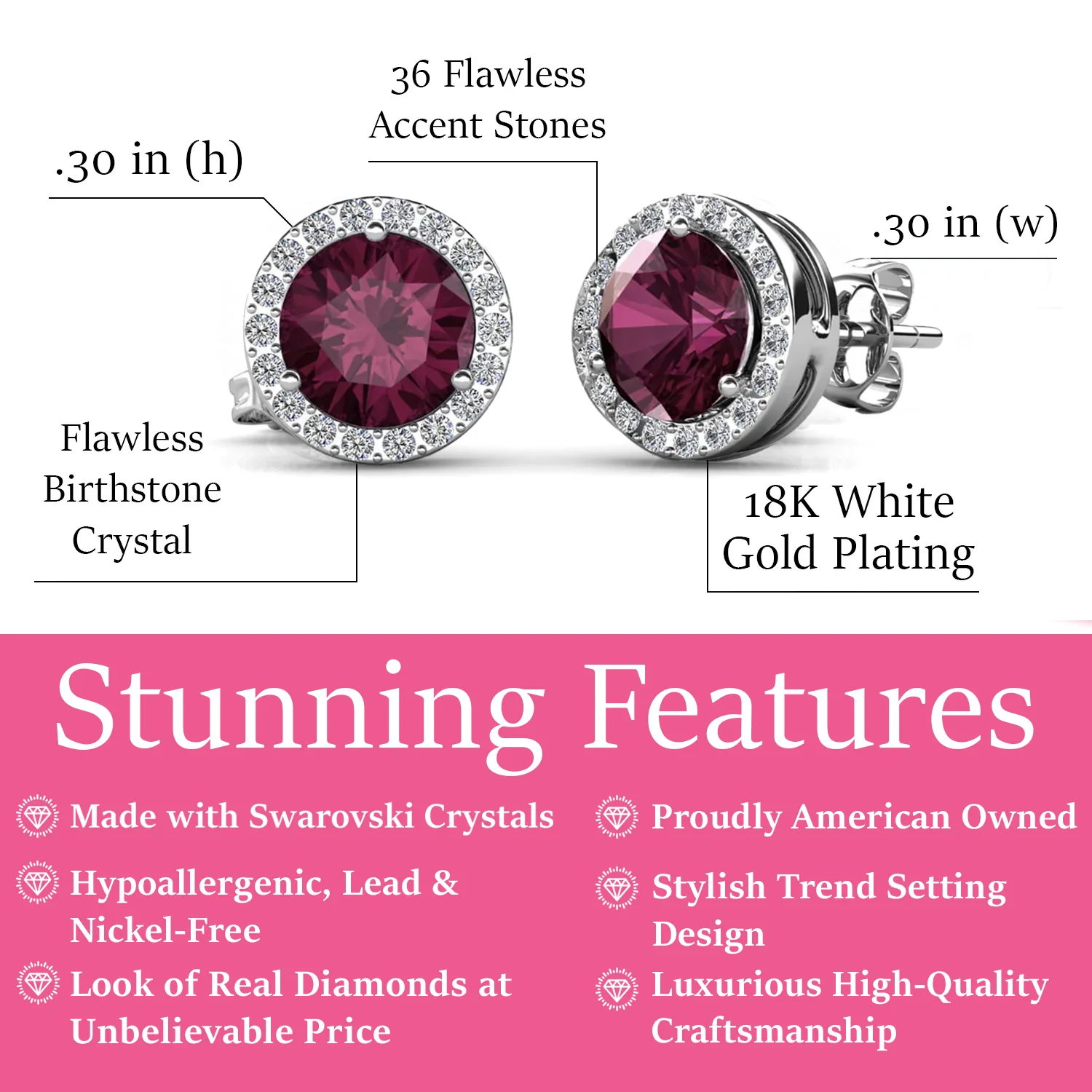 Royal 18k White Gold Plated February Birthstone Halo Earrings with Round Cut Amethyst Swarovski Crystals