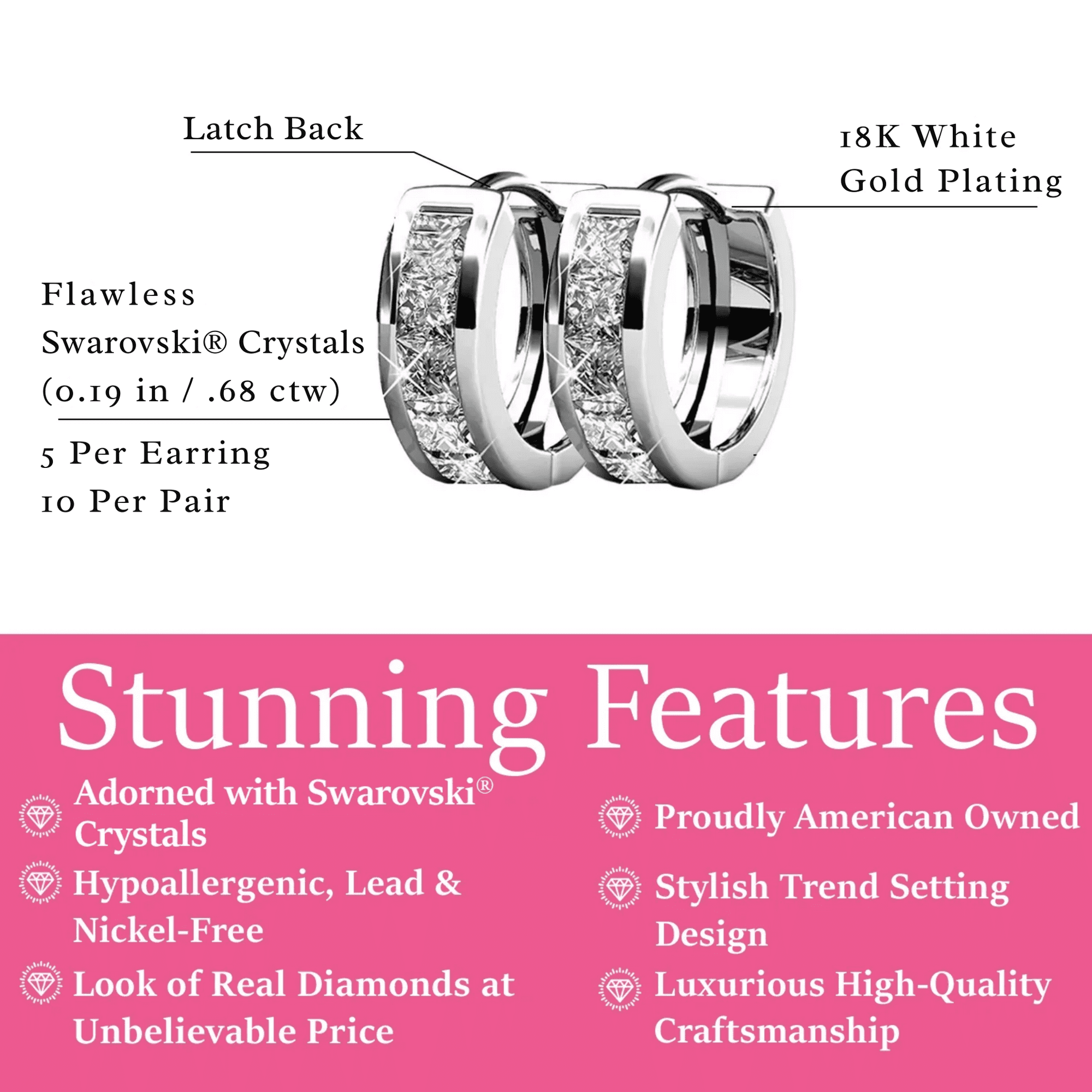 Giselle 18k Gold Plated 15mm Hoop Crystal Earrings with Swarovski Crystal, Pack of 3
