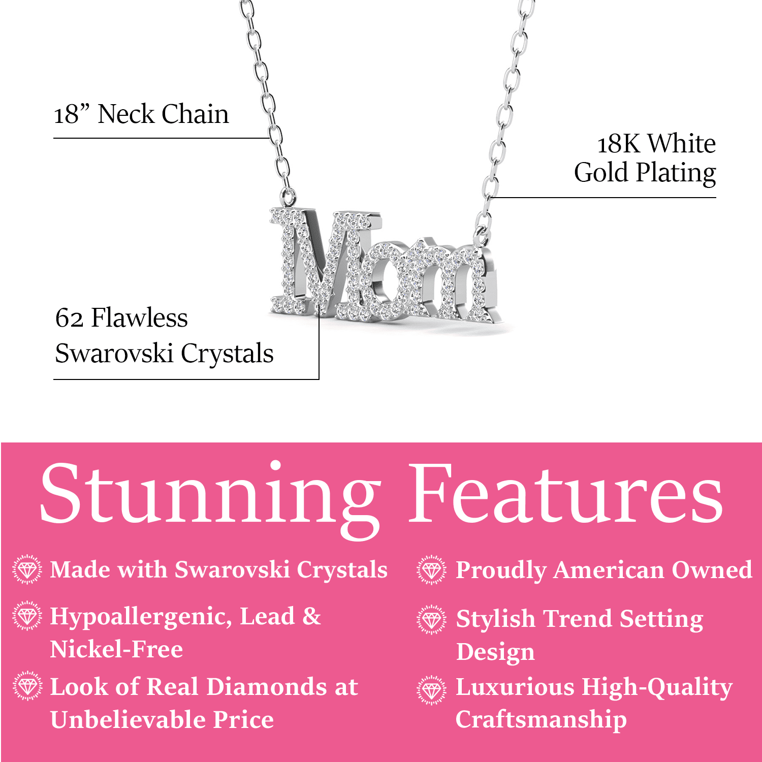 Carrie 18k White Gold Plated Necklace with Swarovski Crystals & Heartfelt Message for Mom
