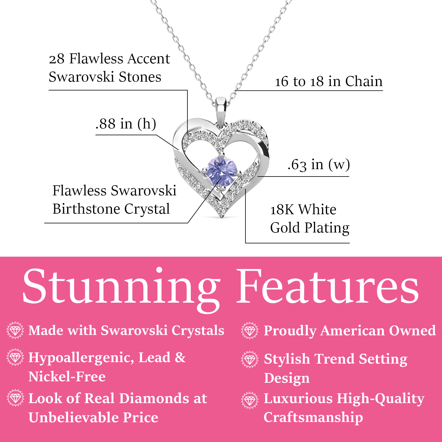 Forever June Birthstone 18k White Gold Plated Silver Double Heart  Alexandrite  Necklace with Swarovski Crystals