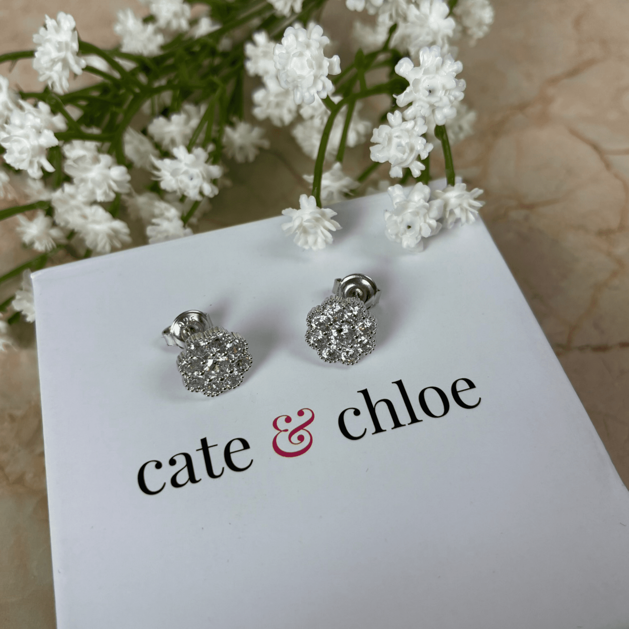 Alyssa 18k White Gold Plated Flower Stud Earrings with Simulated Diamond Crystals