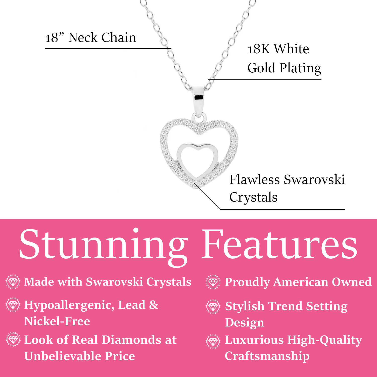 Amorette 18k White Gold Plated Double Heart Pendant Necklace with Simulated Diamond Crystals & Sentimental Message for Mom