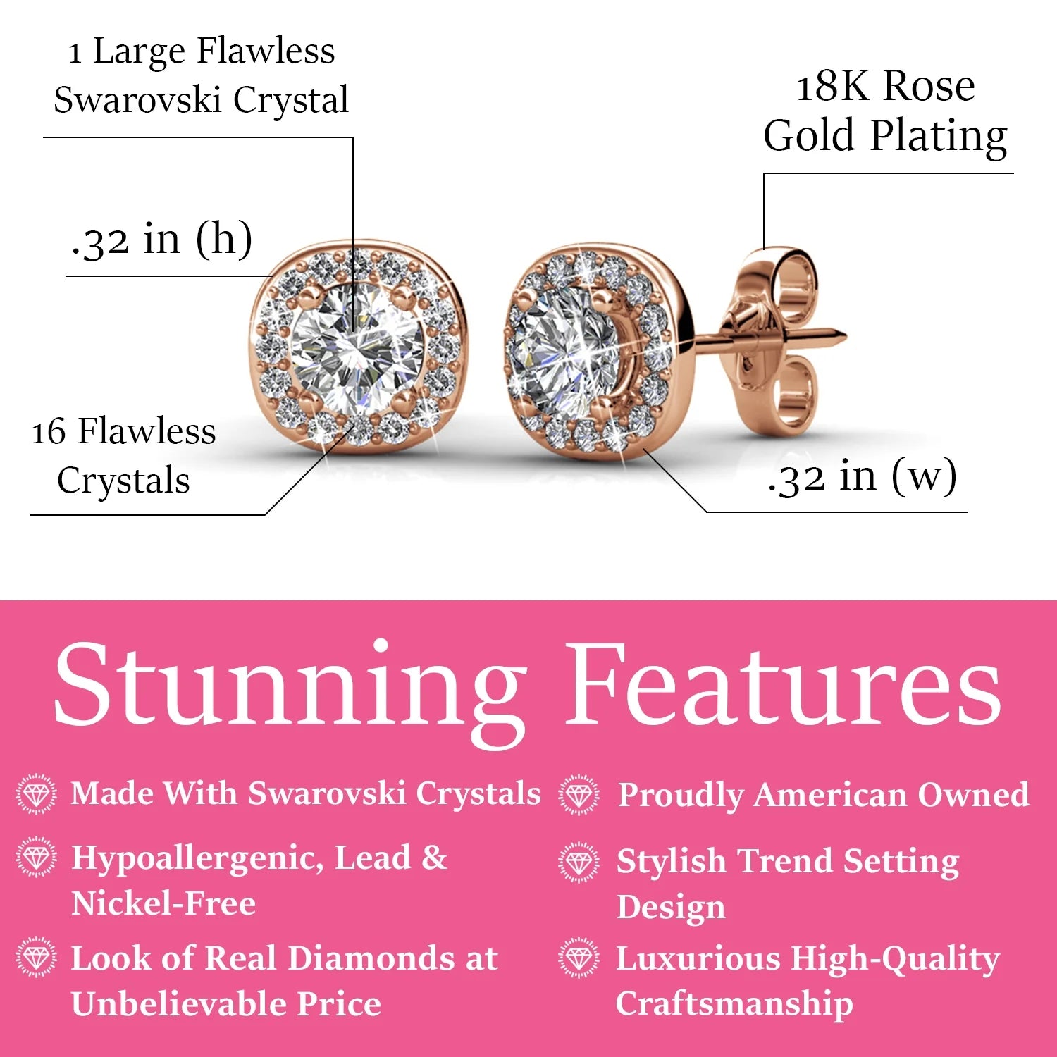 Ruth 18k White Gold Plated Halo Stud Earrings with Swarovski Crystals