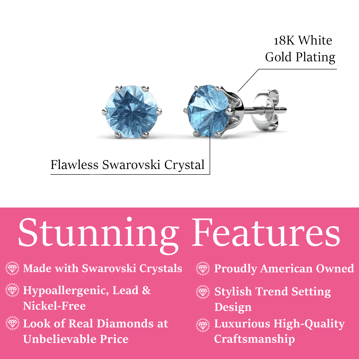 Birthstone Earrings 18k White Gold Plated Stud Earrings with 1CT Swarovski Crystals