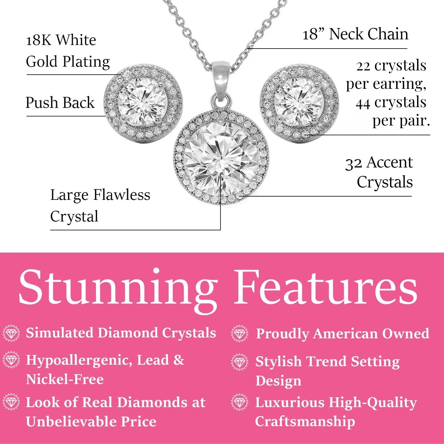 Mariah 18k White Gold Plated Halo Stud Earring and Necklace Jewelry Set with Simulated Diamond Crystals
