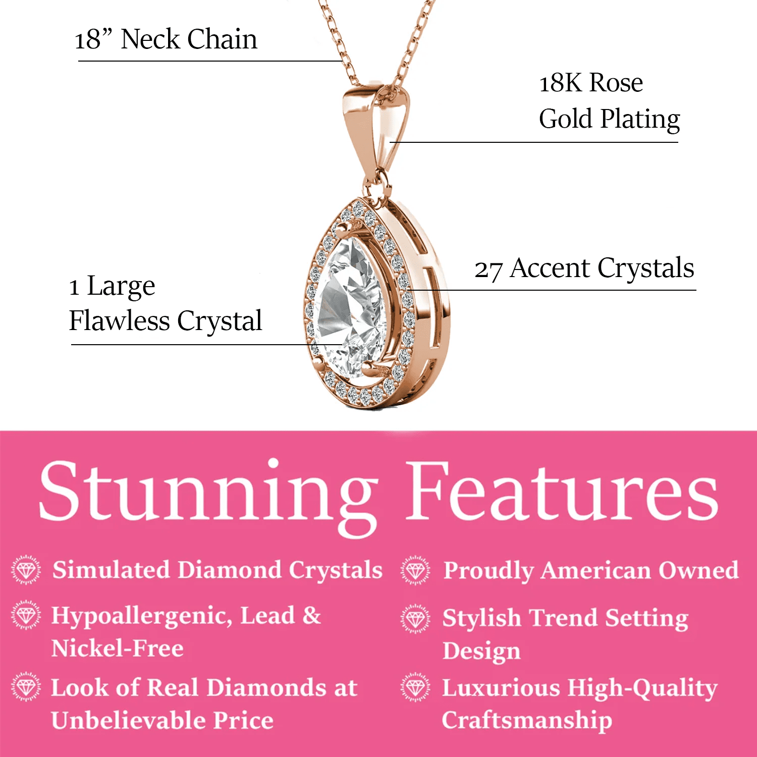 Isabel 18k White Gold Plated Halo Tear drop Necklace with Simulated Diamond Crystal