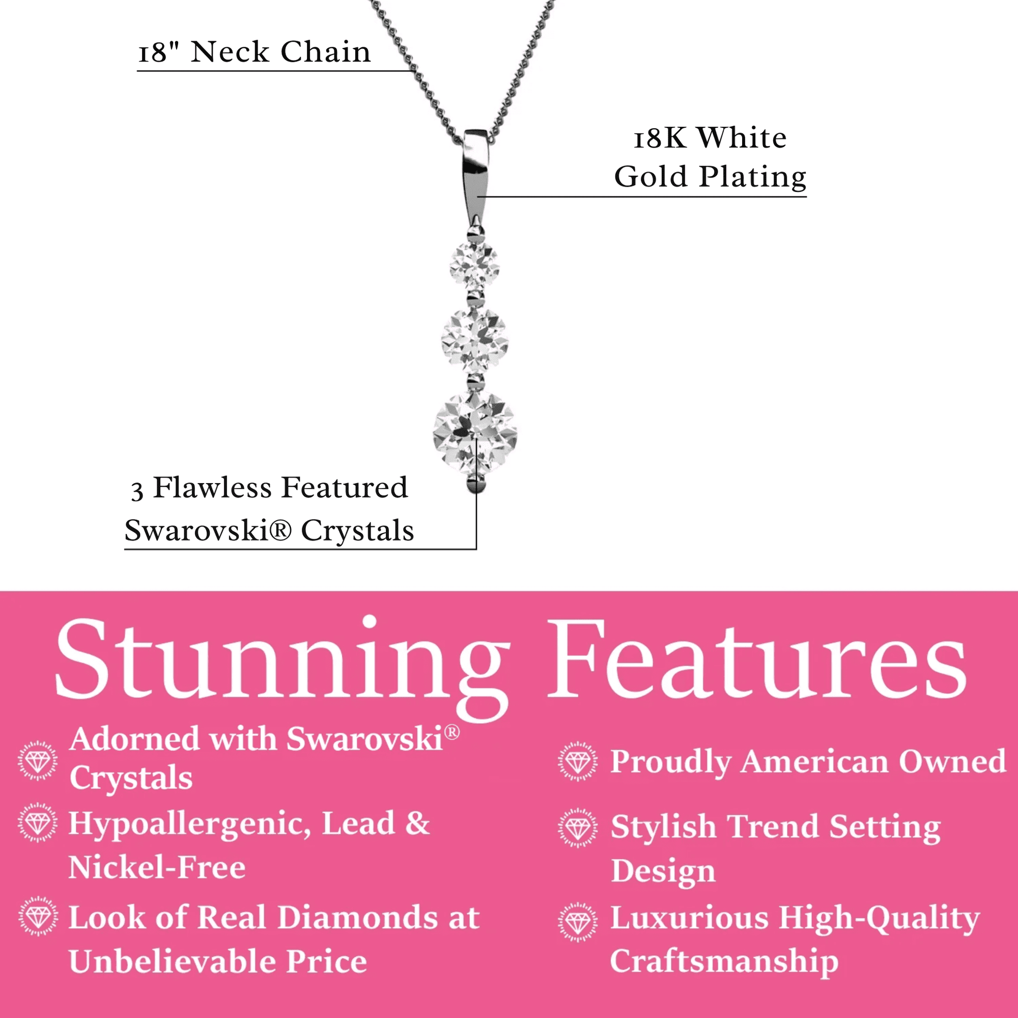 Willow 18K White Gold Plated 3 Stone Drop Pendant Necklace with Swarovski Crystals