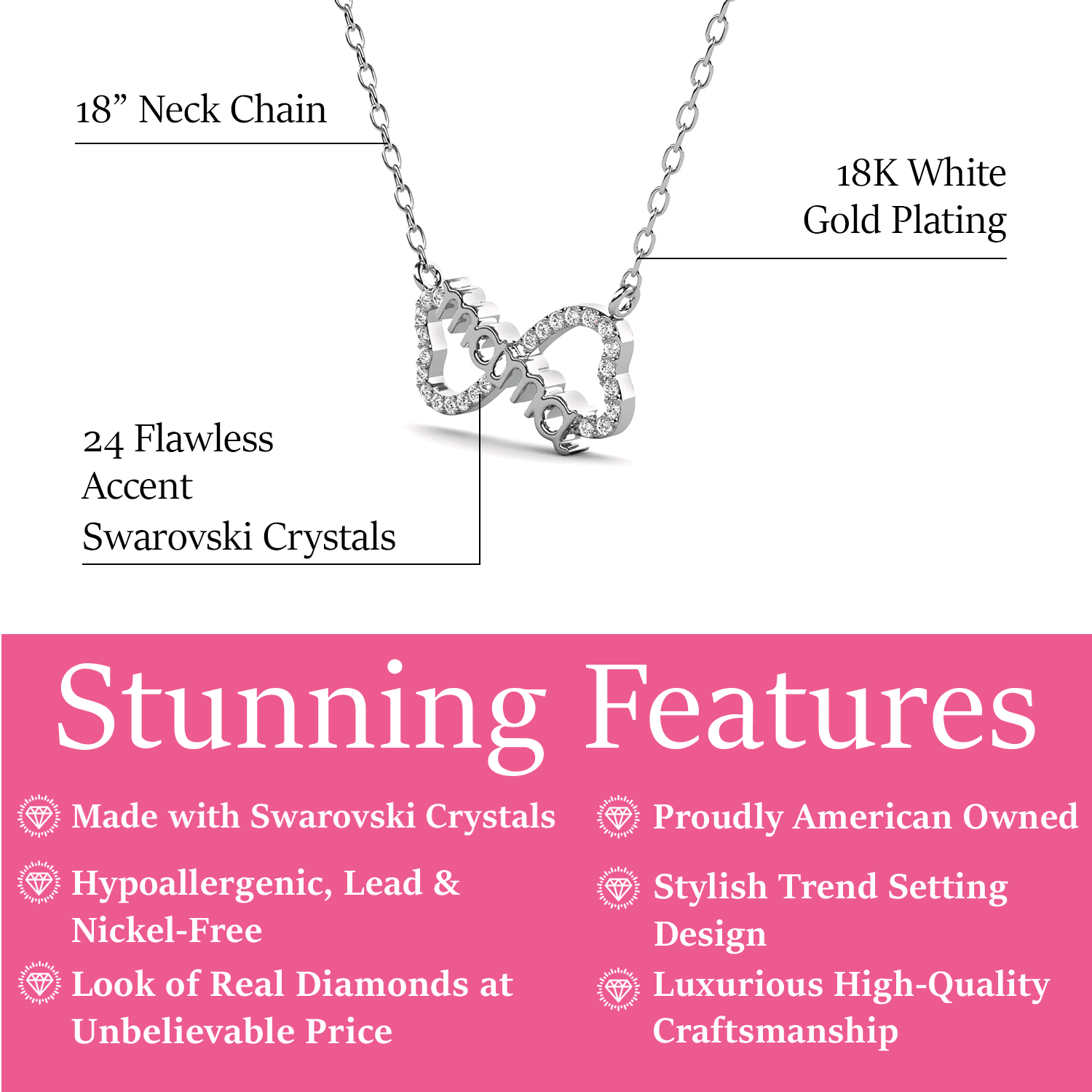 Lisa 18k White Gold Plated Infinity Necklace with Swarovski Crystals & Heartfelt Message for Mom