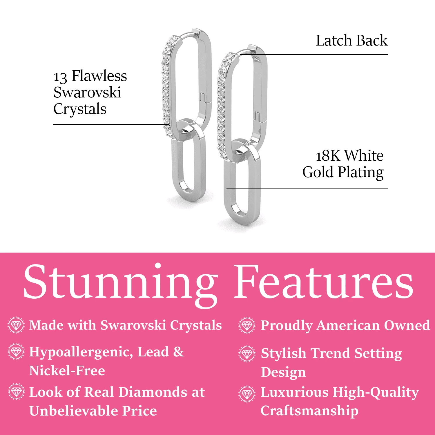 Remington 18k White Gold Plated Dangle Earrings & Limited Edition Ribbon Card