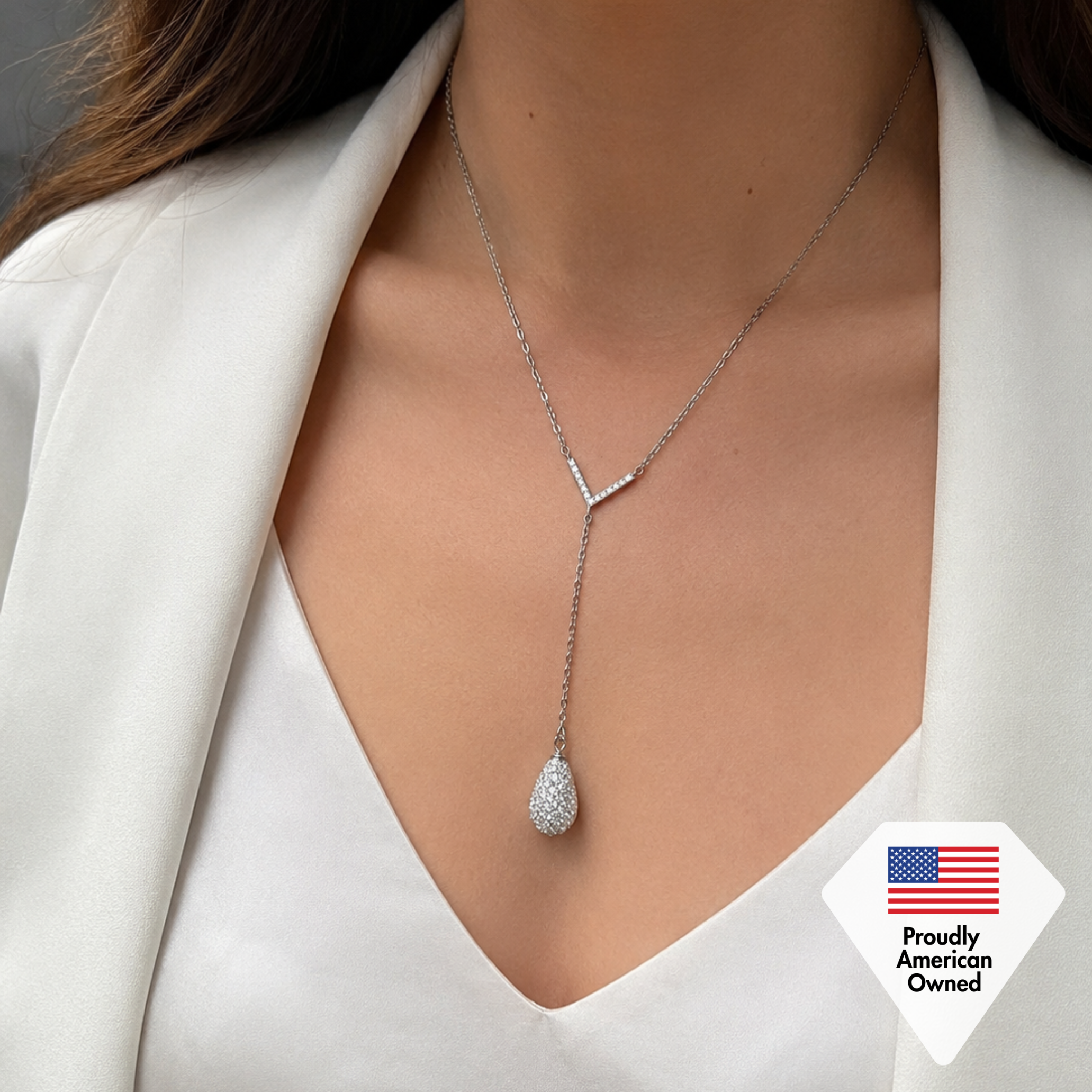 Ava 18k White Gold Plated Tear drop Y-Necklace with Simulated Diamond Crystals