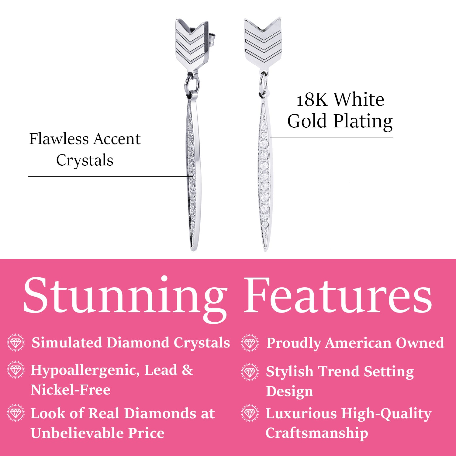 Addison 18k White Gold Plated Arrow Drop Dangle CZ Crystal Earrings