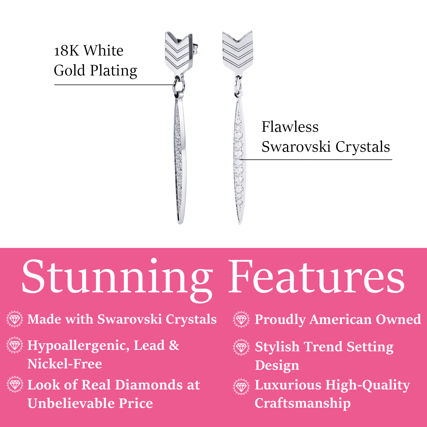 Addison 18k White Gold Plated Arrow Drop Dangle Earrings with Simulated Diamond Crystals