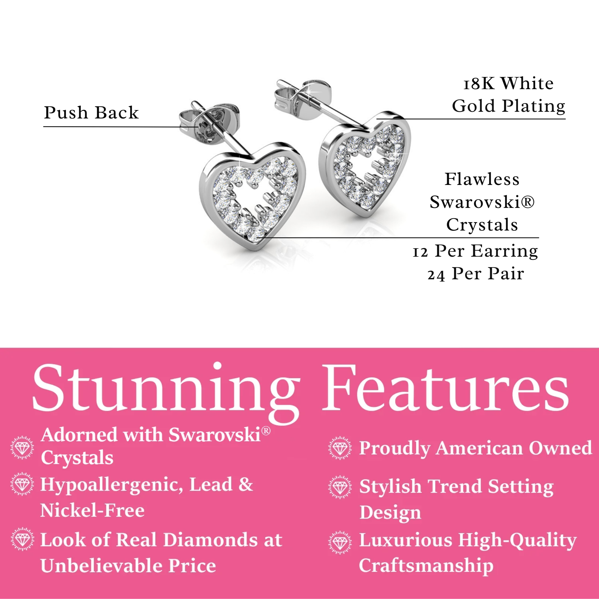 Ainsley 18k White Gold Plated Heart Earrings with Swarovski Crystals