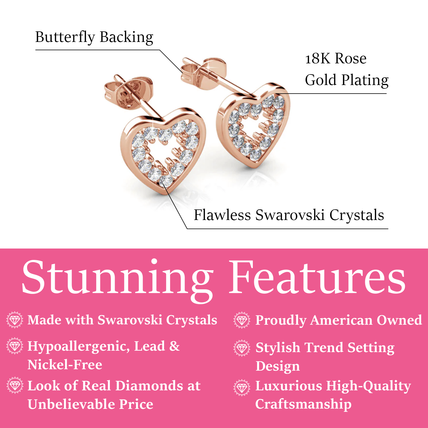 Ainsley 18k White Gold Plated Heart Earrings with Swarovski Crystals