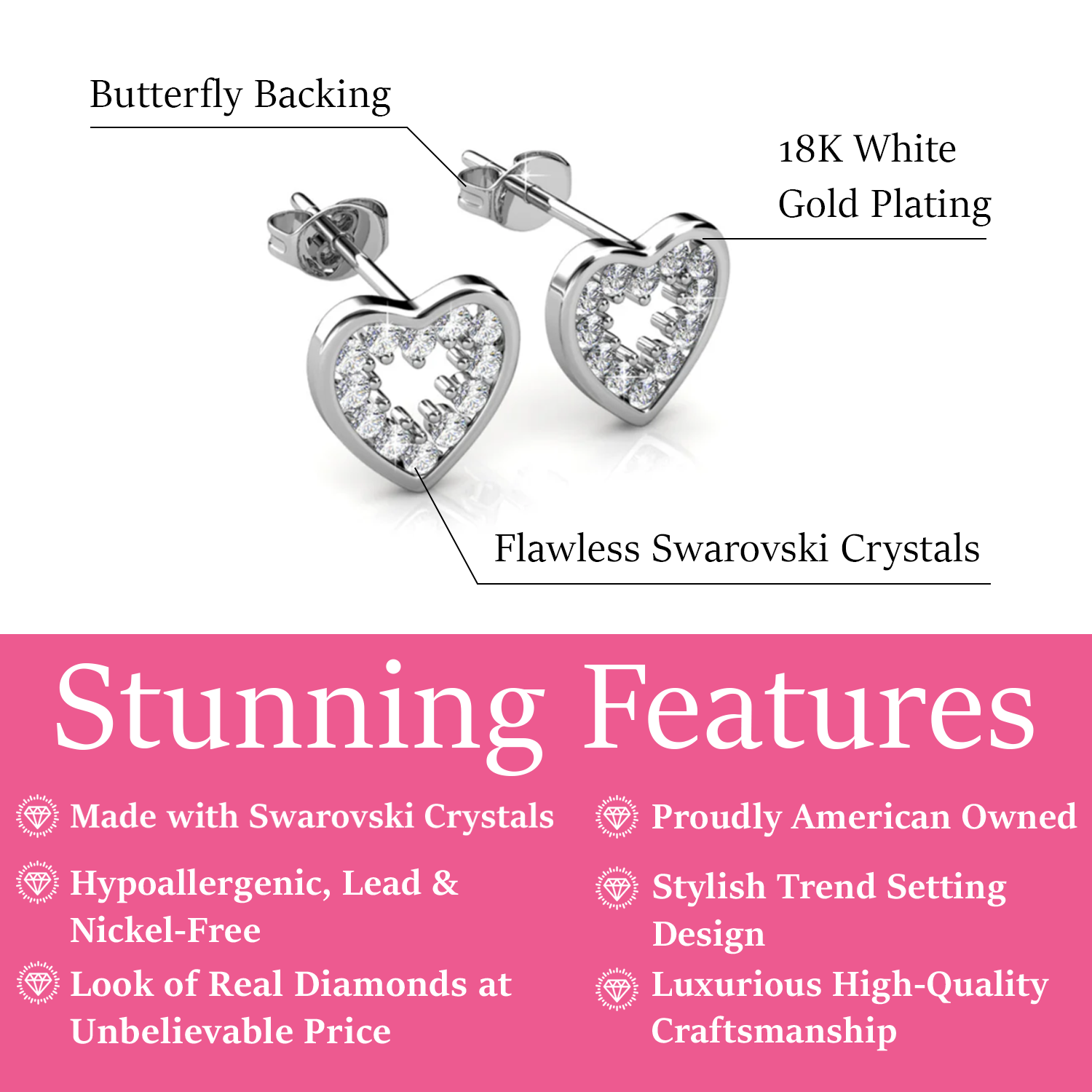 Ainsley 18k White Gold Plated Heart Earrings with Swarovski Crystals