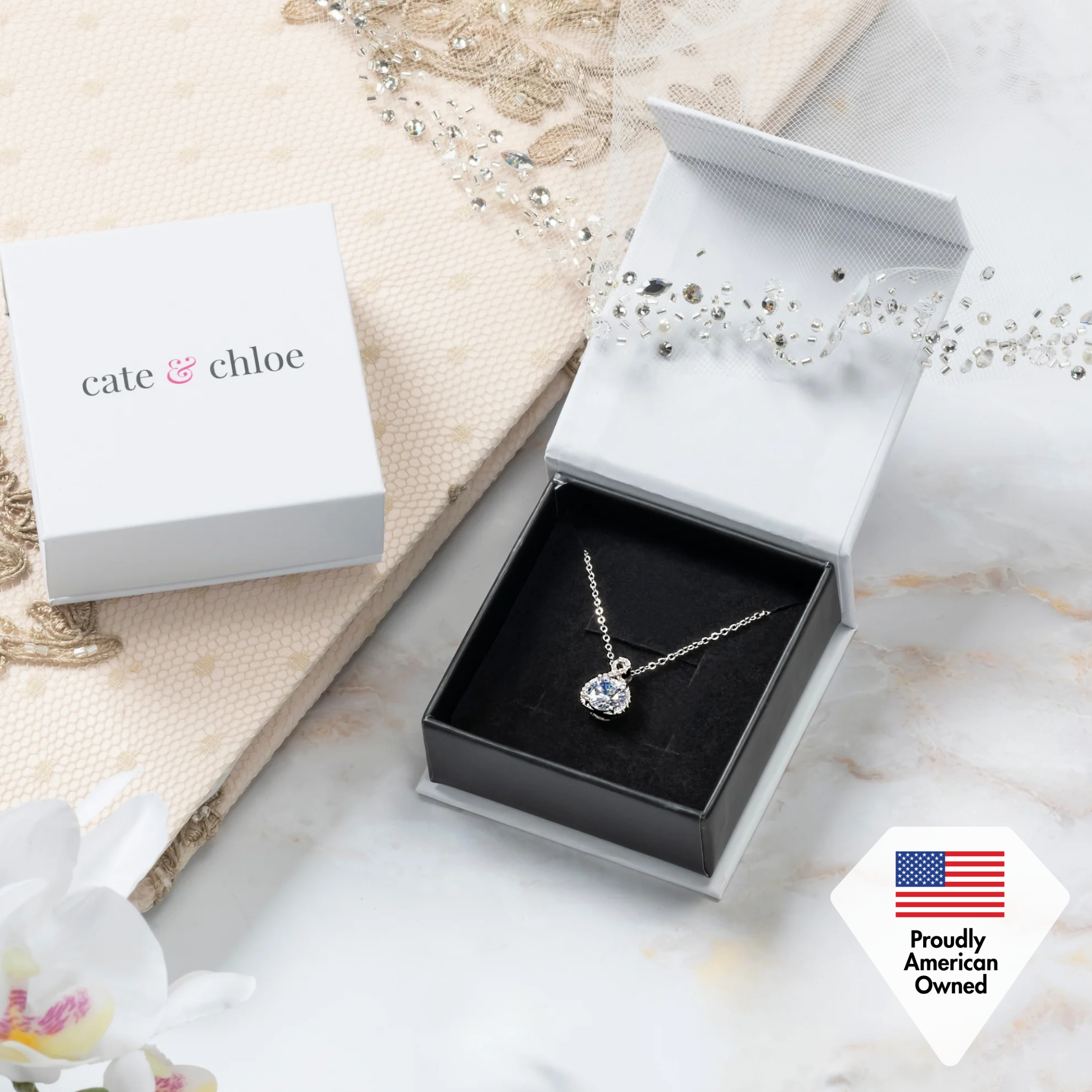 Alessandra 18k White Gold Plated Infinity Halo Pendant Necklace with Simulated Diamond Crystals (3 Pair Set)