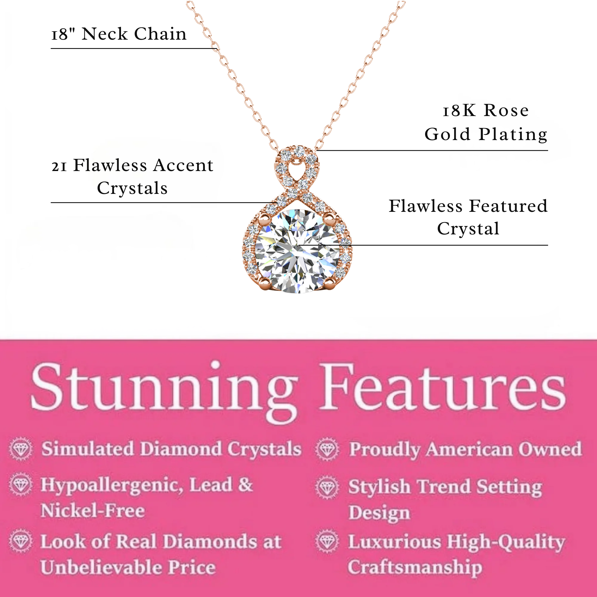 Alessandra 18k White Gold Plated Infinity Halo Pendant Necklace with Simulated Diamond Crystals