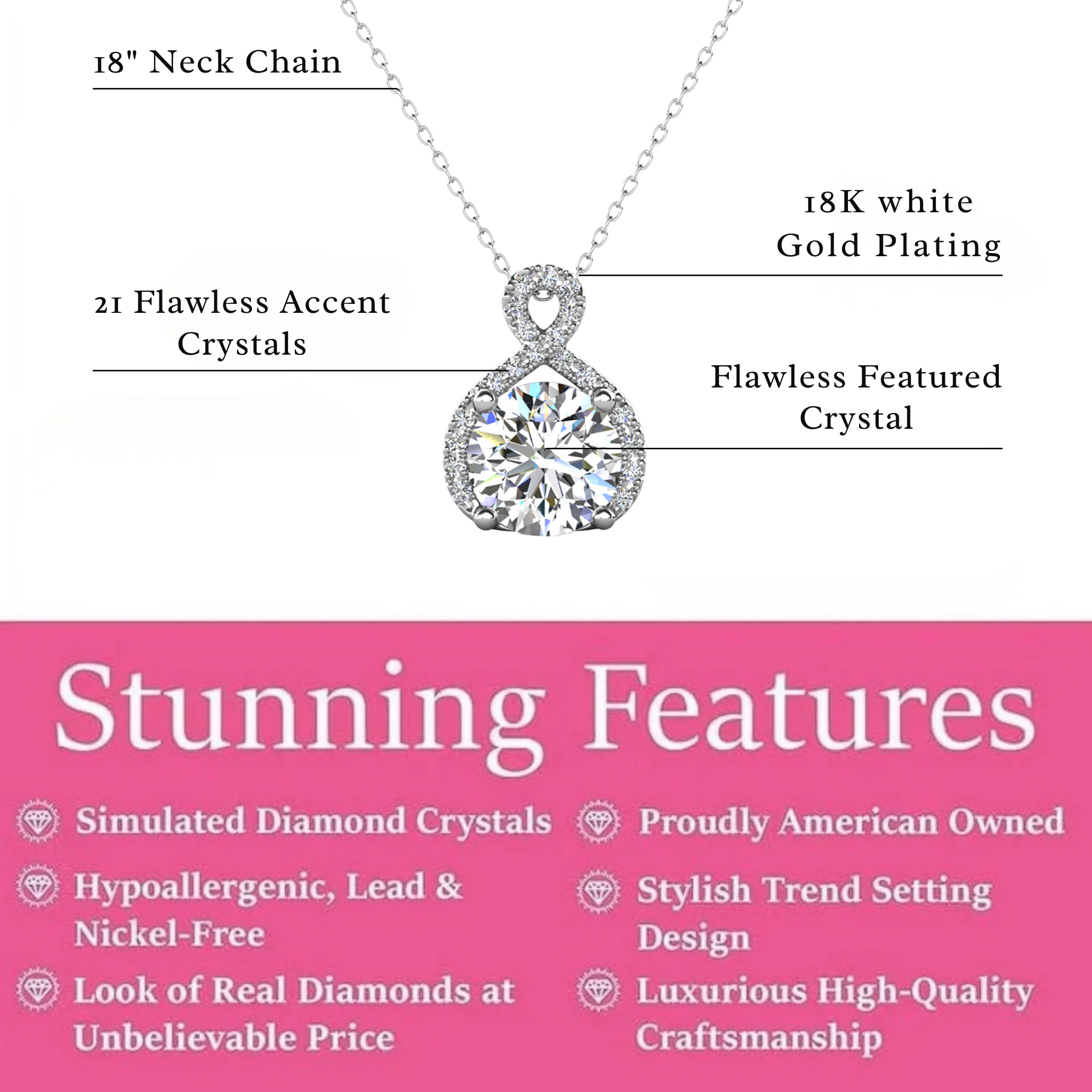 Alessandra 18k White Gold Plated Infinity Halo Pendant Necklace with Simulated Diamond Crystals