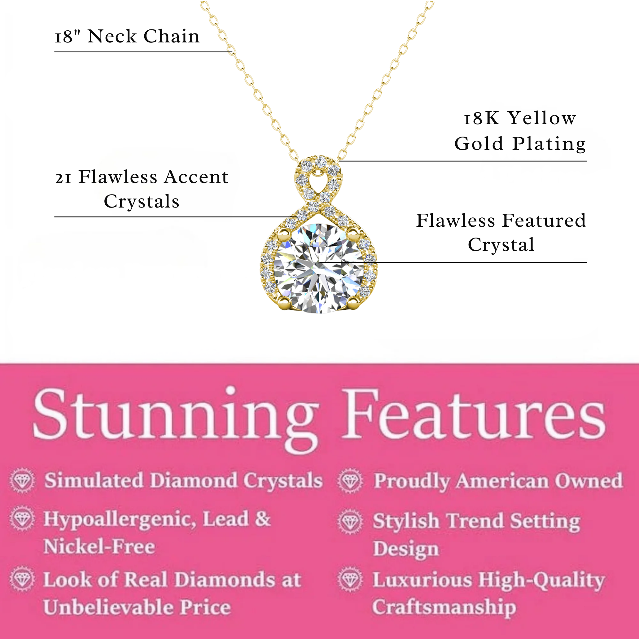 Alessandra 18k White Gold Plated Infinity Halo Pendant Necklace with Simulated Diamond Crystals