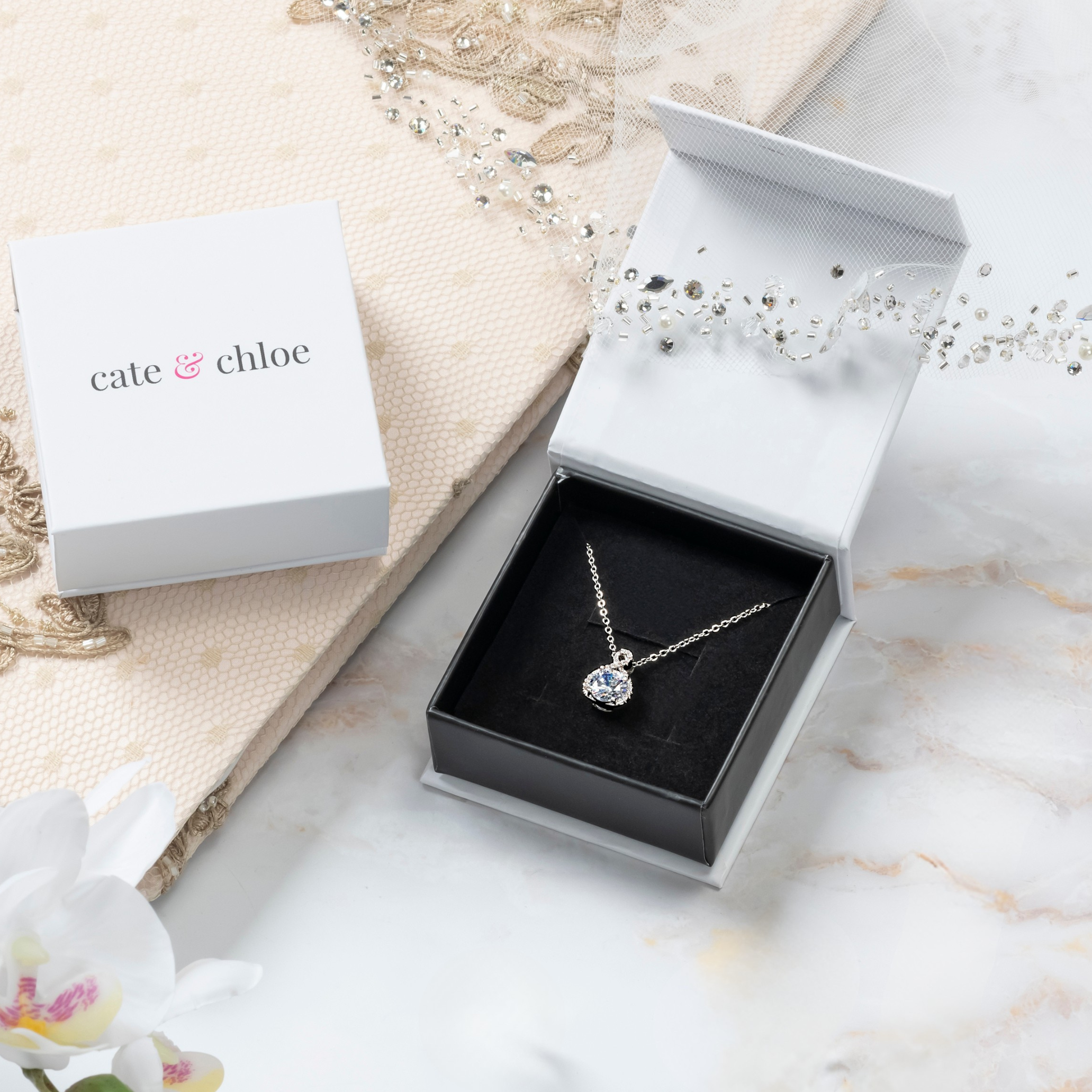 Alessandra 18k White Gold Plated Infinity Halo Pendant Necklace with Simulated Diamond Crystals