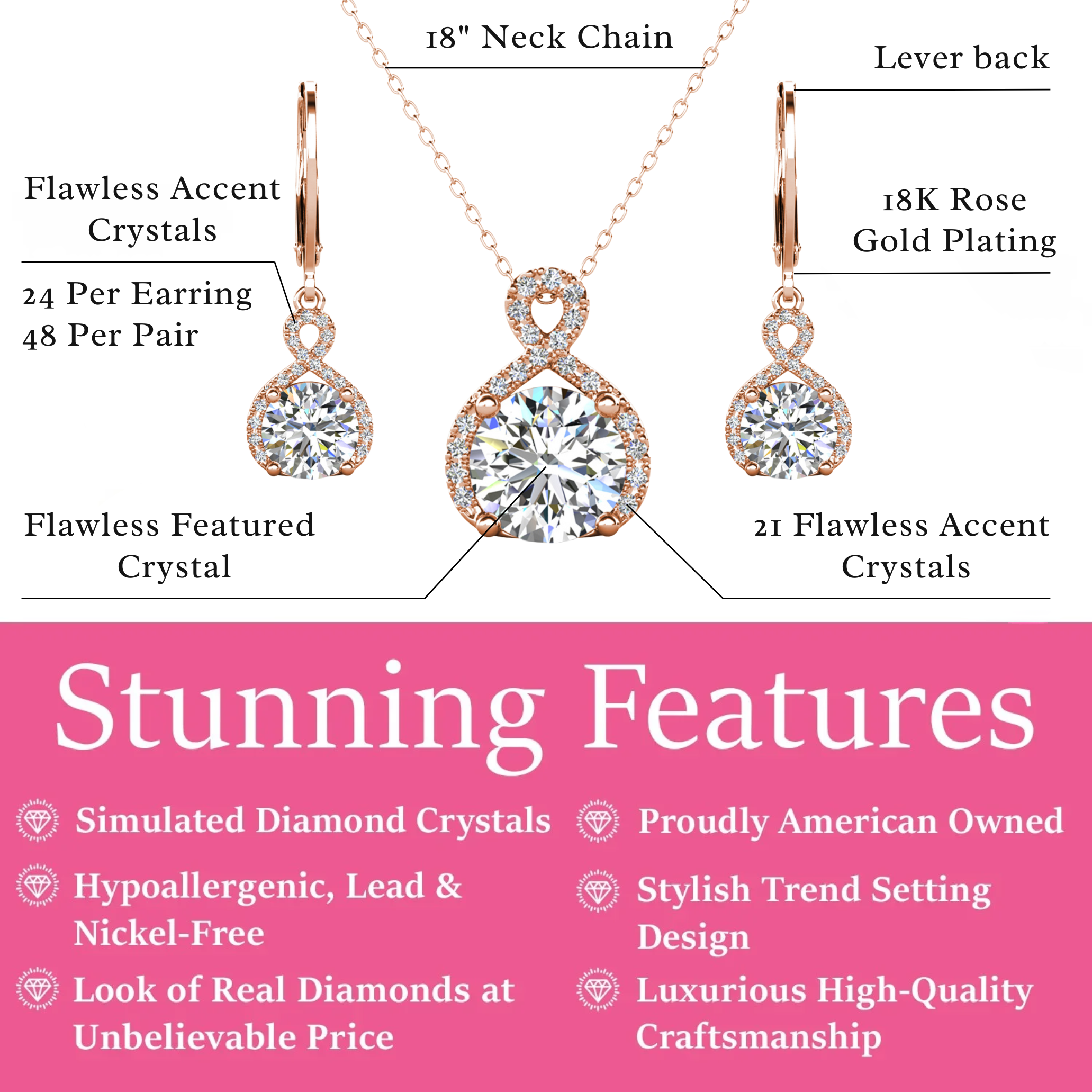 Alessandra 18k White Gold Plated Infinity Earrings and Necklace Jewelry Set with Simulated Diamond Crystals