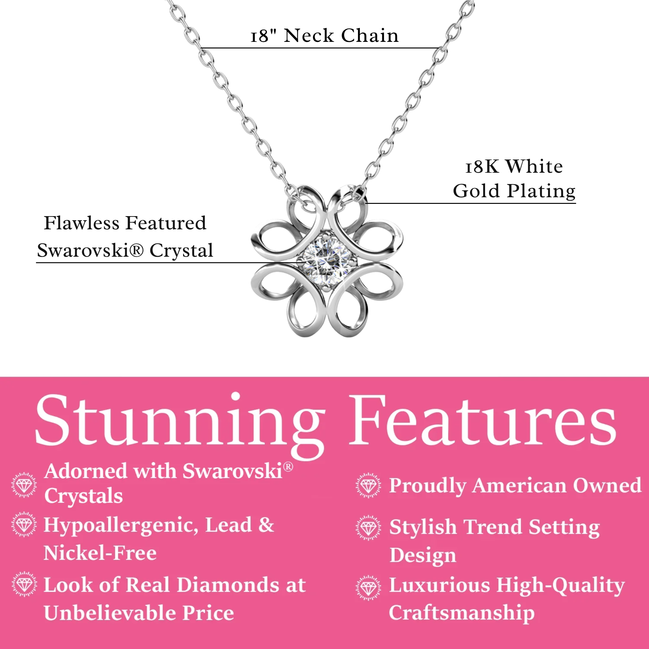 Alexis 18k White Gold Plated Flower Pendant Necklace with Swarovski Crystal