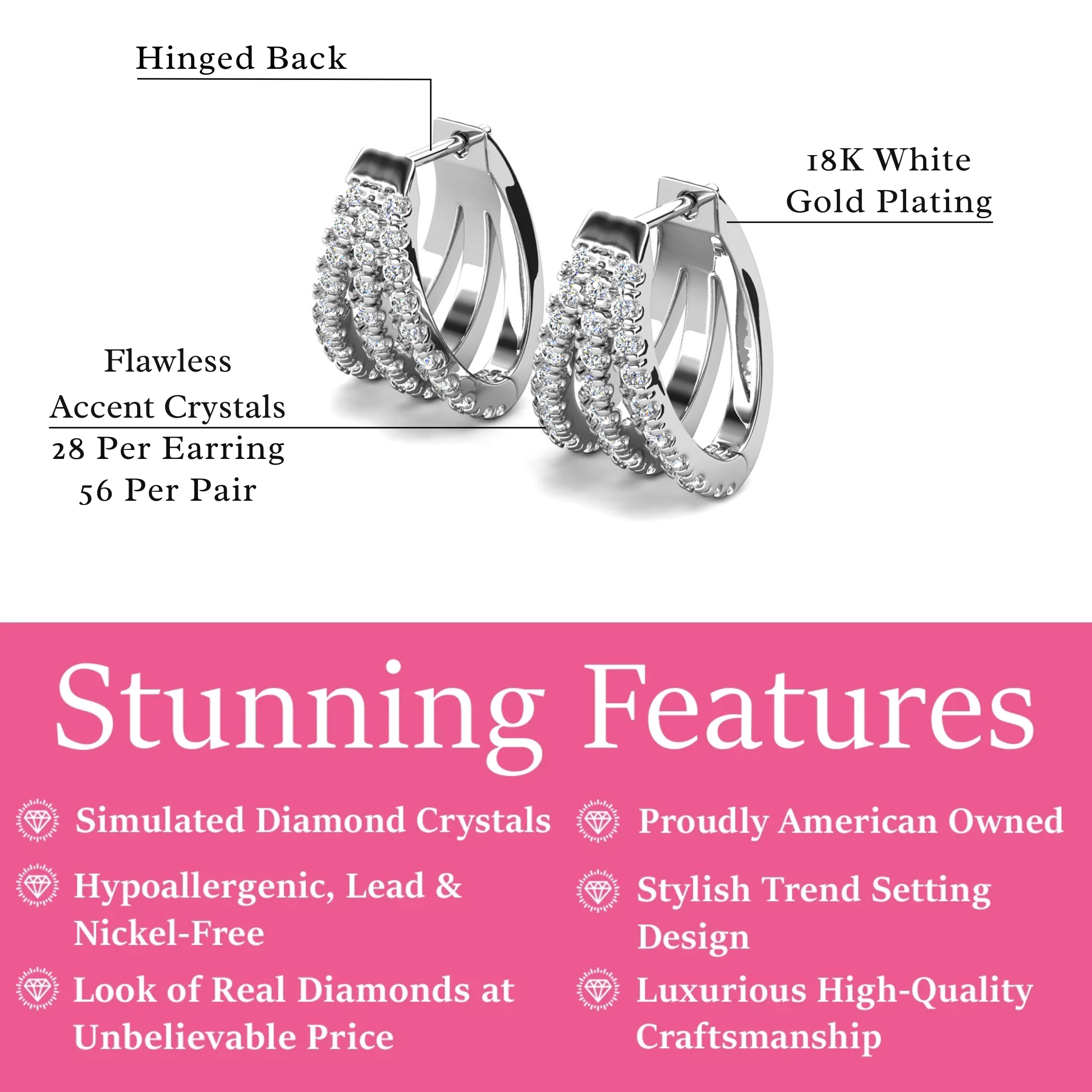 Aliyah 18k White Gold Plated 14mm Hoop Earrings with Simulated Diamond Crystals