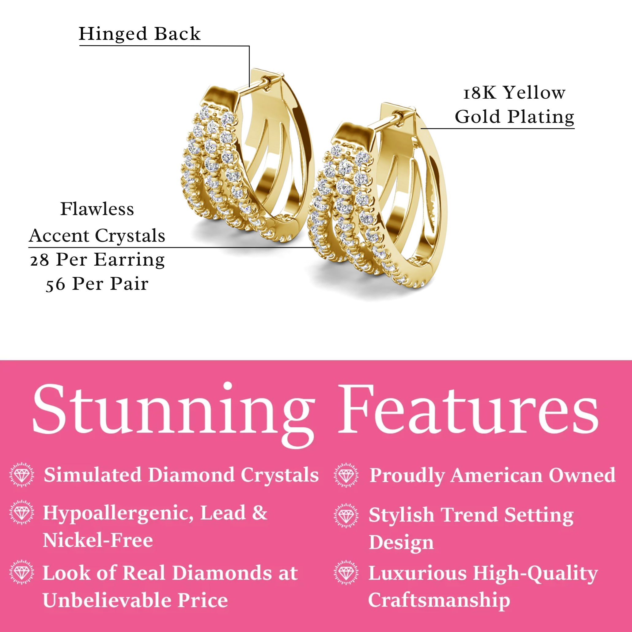 Aliyah 18k White Gold Plated 14mm Hoop Earrings with Simulated Diamond Crystals