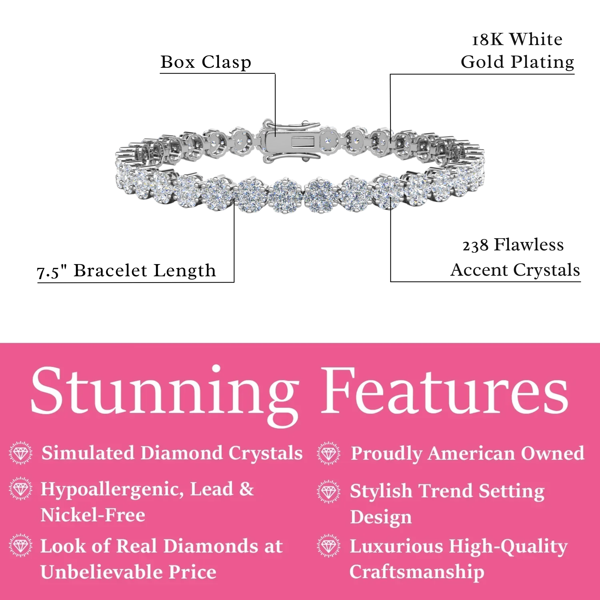 Ally 18k White Gold Plated Tennis Bracelet with Simulated Diamond Crystals
