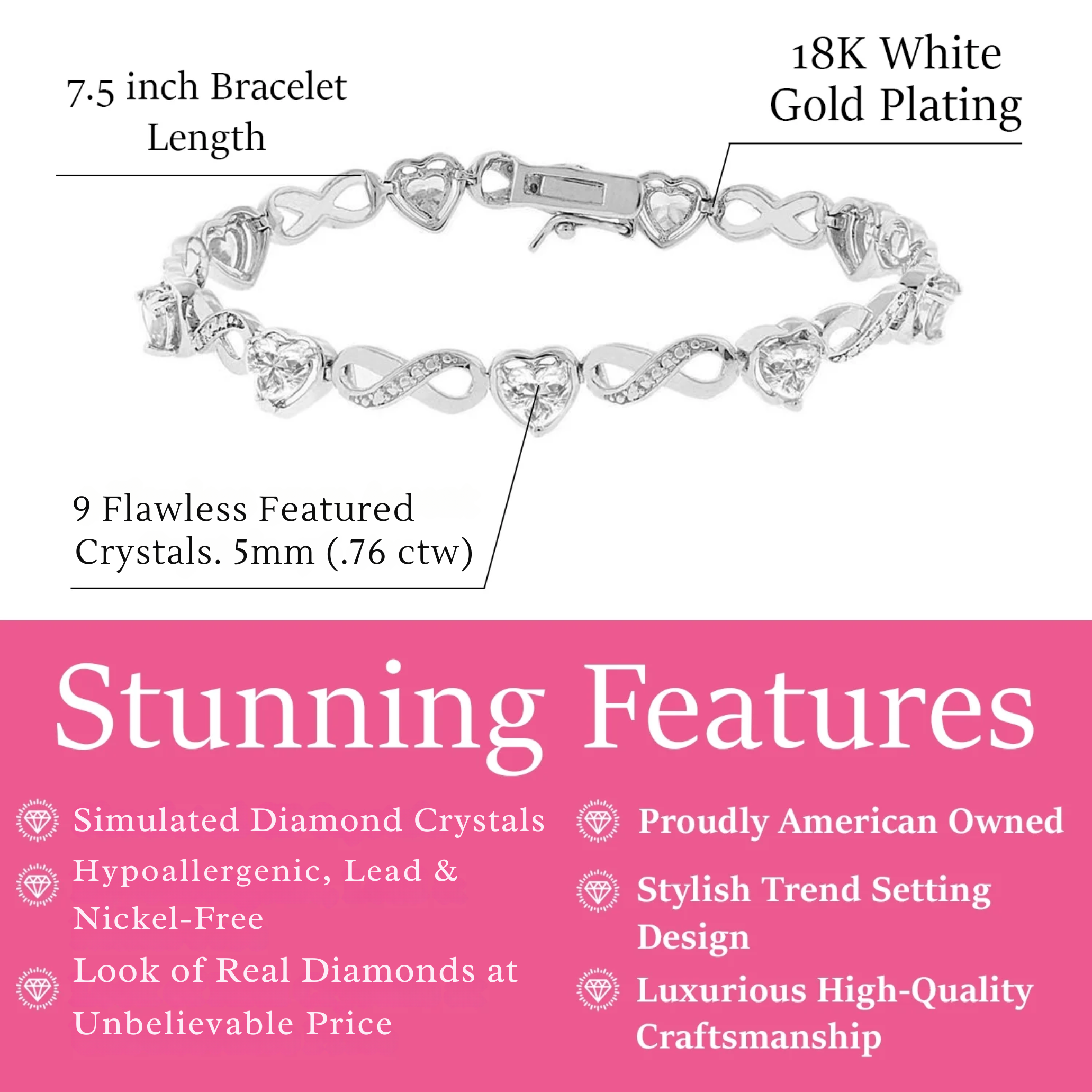 Amanda 18k White Gold Plated Infinity Heart Tennis Bracelet with Simulated Diamond Crystals