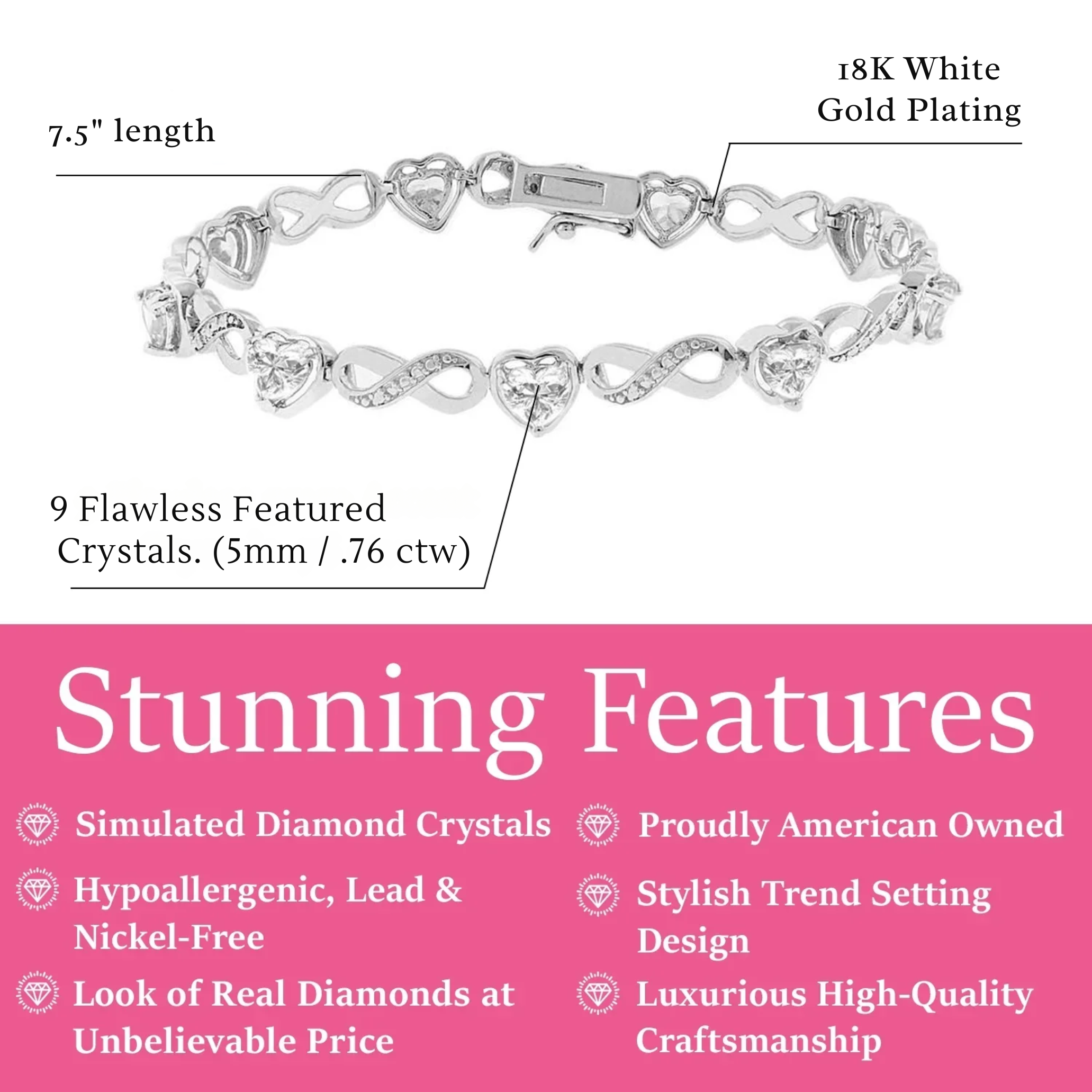 Amanda 18k White Gold Plated Infinity Heart Tennis Bracelet with Simulated Diamond Crystals