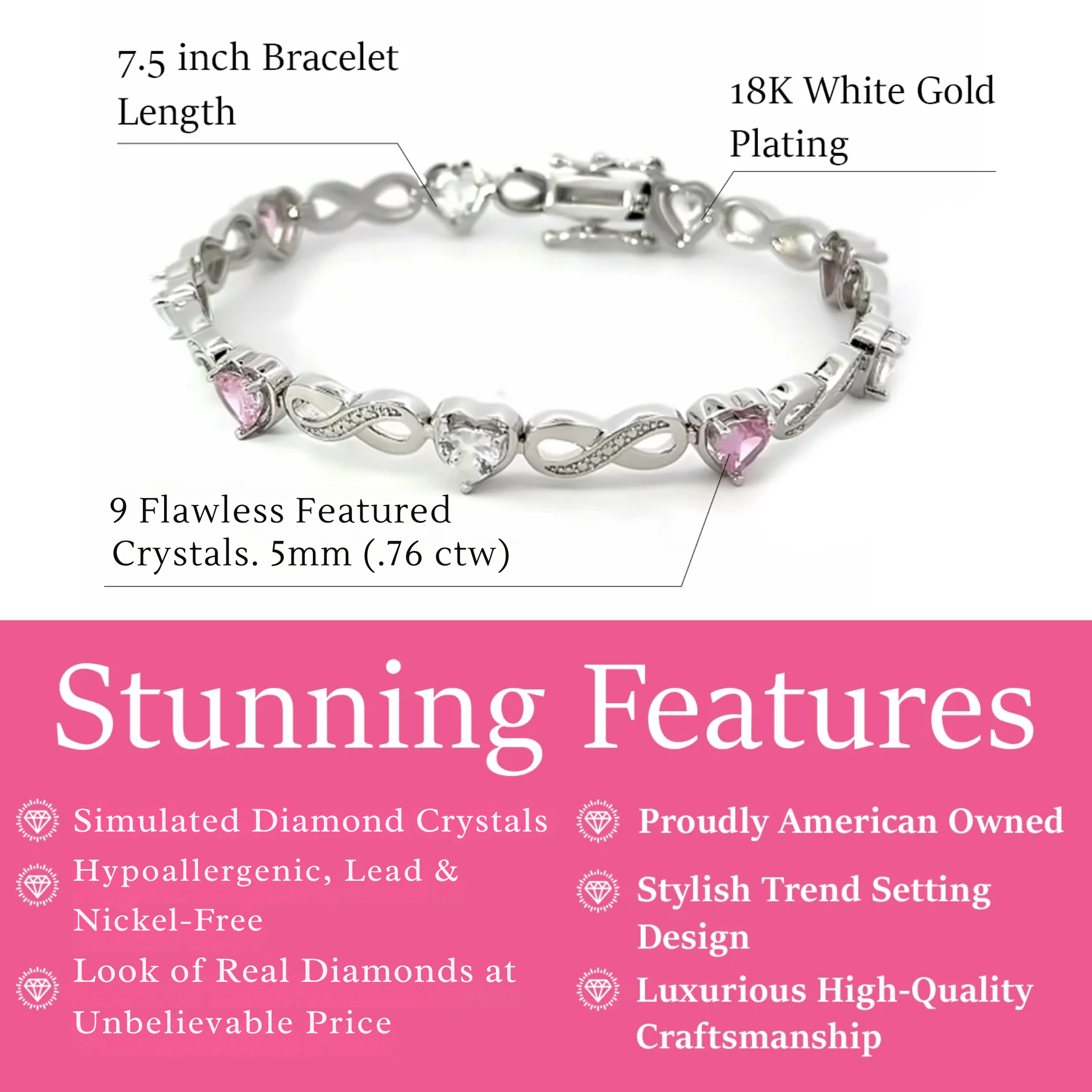 Amanda 18k White Gold Plated Infinity Heart Tennis Bracelet with Simulated Diamond Crystals