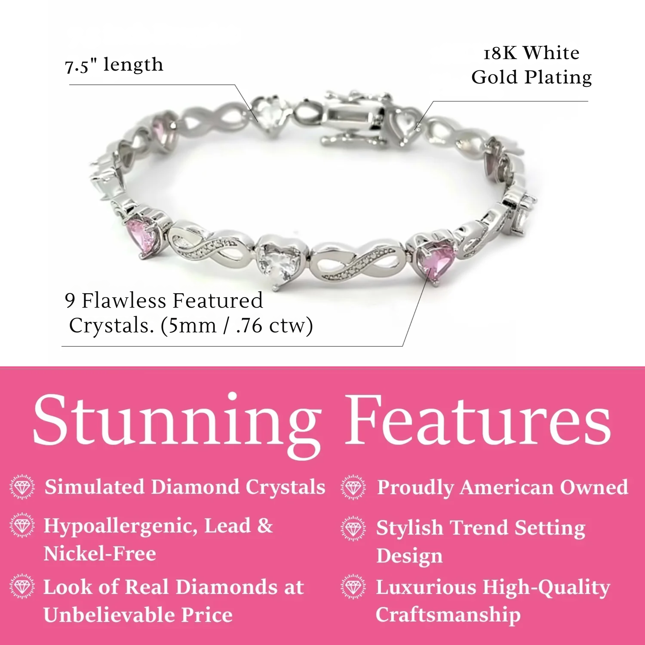 Amanda 18k White Gold Plated Infinity Heart Tennis Bracelet with Simulated Diamond Crystals