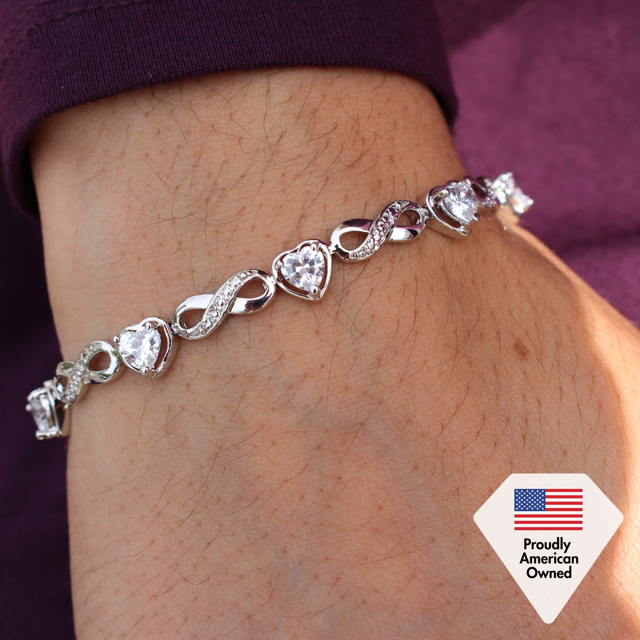 Amanda 18k White Gold Plated Infinity Heart Tennis Bracelet with Simulated Diamond Crystals