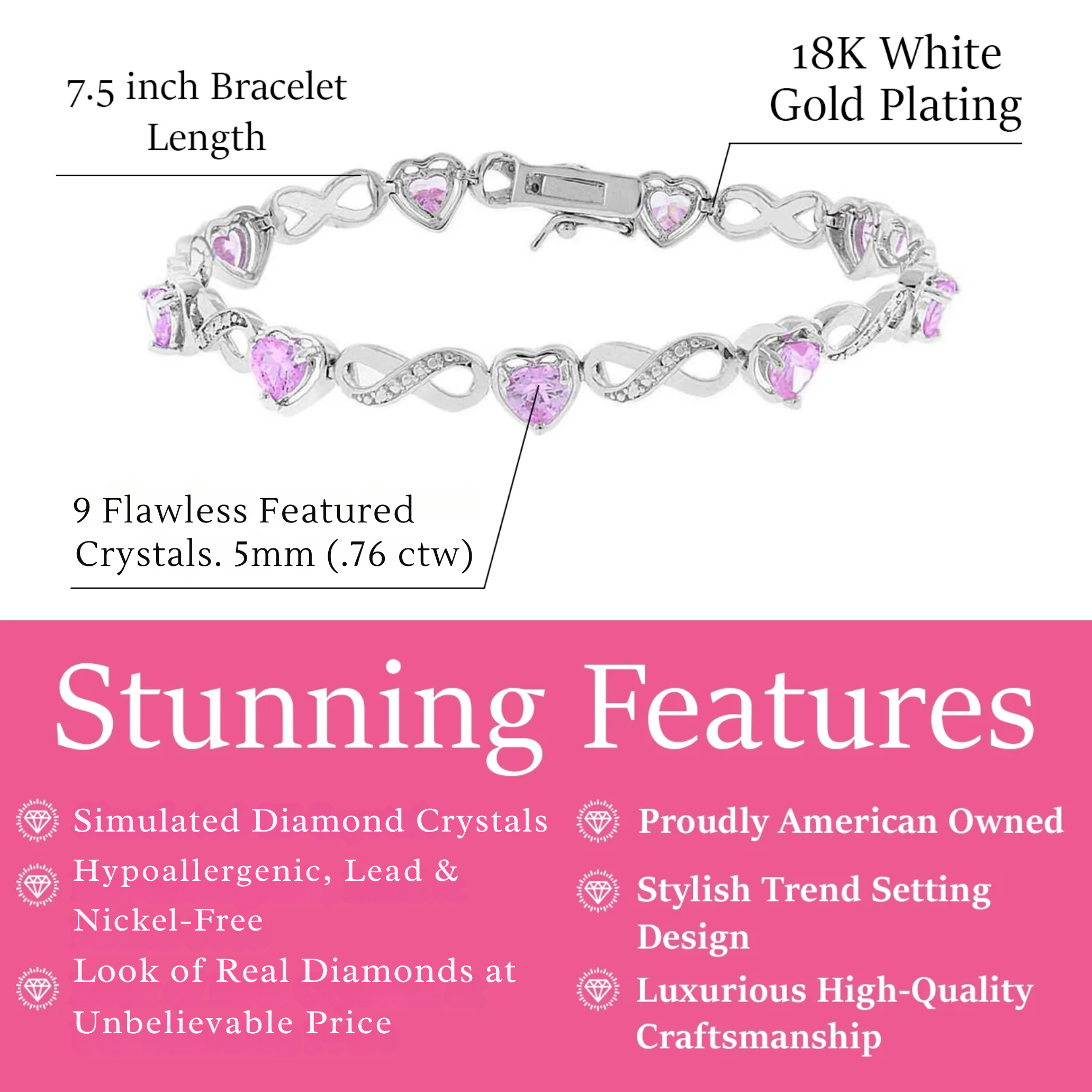 Amanda 18k White Gold Plated Infinity Heart Tennis Bracelet with Simulated Diamond Crystals